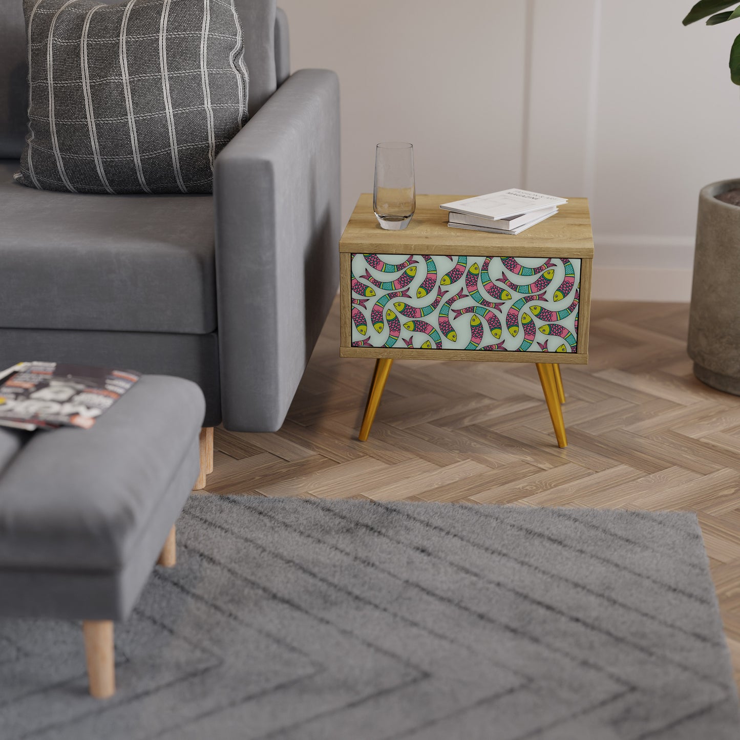 INDIAN FISH Nightstand in Oak Effect