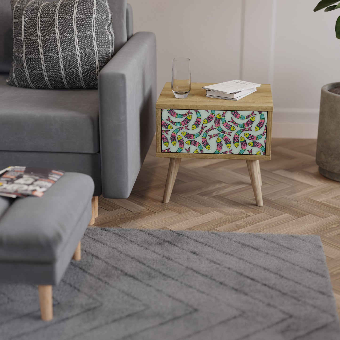INDIAN FISH Nightstand in Oak Effect