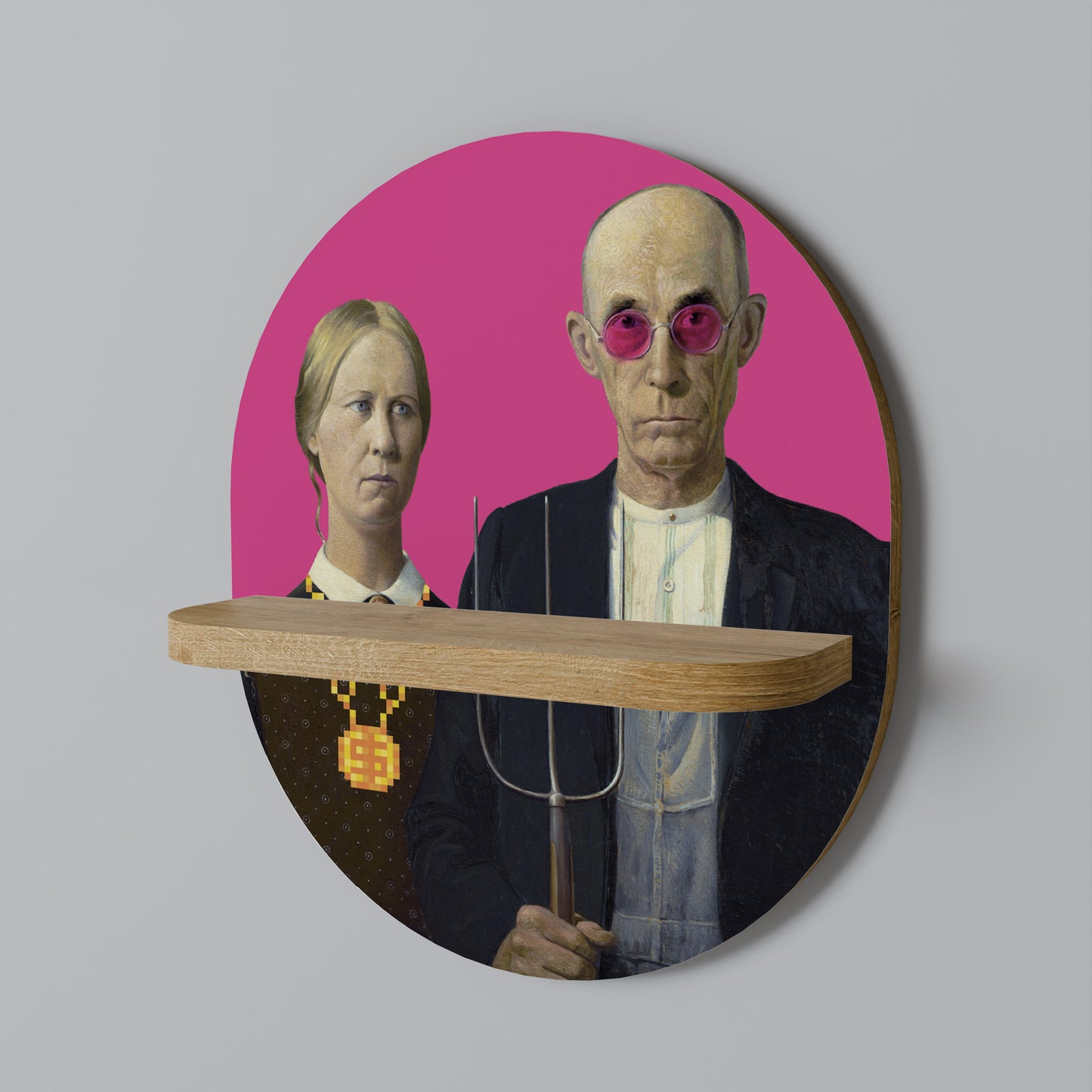 AMERICAN GOTHIC BLING Oval Art Shelf In Oak Effect