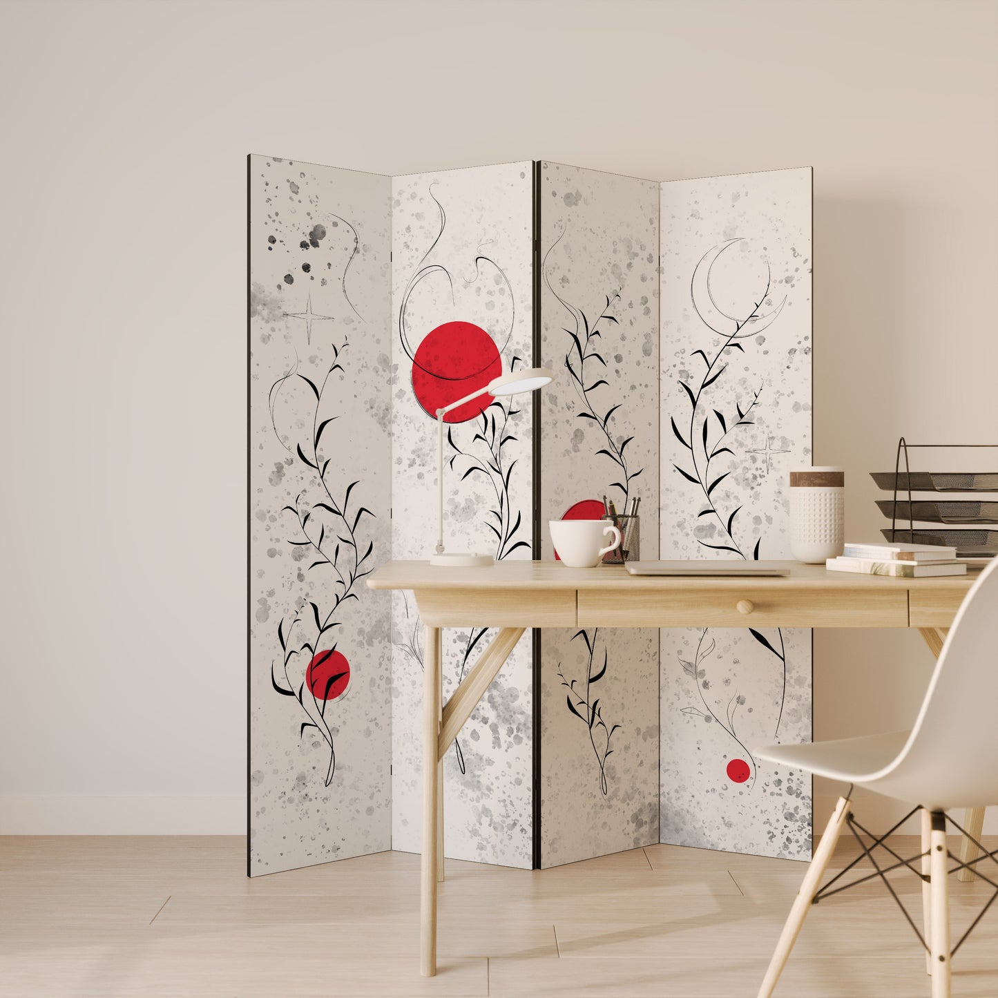 Dekorativ rumsavdelare med 4 paneler, RED WHISPERS IN FOLIAGE