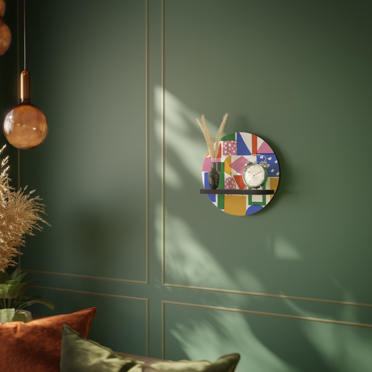 GEOMETRISK GLIMMER Rund konsthylla i svart finish