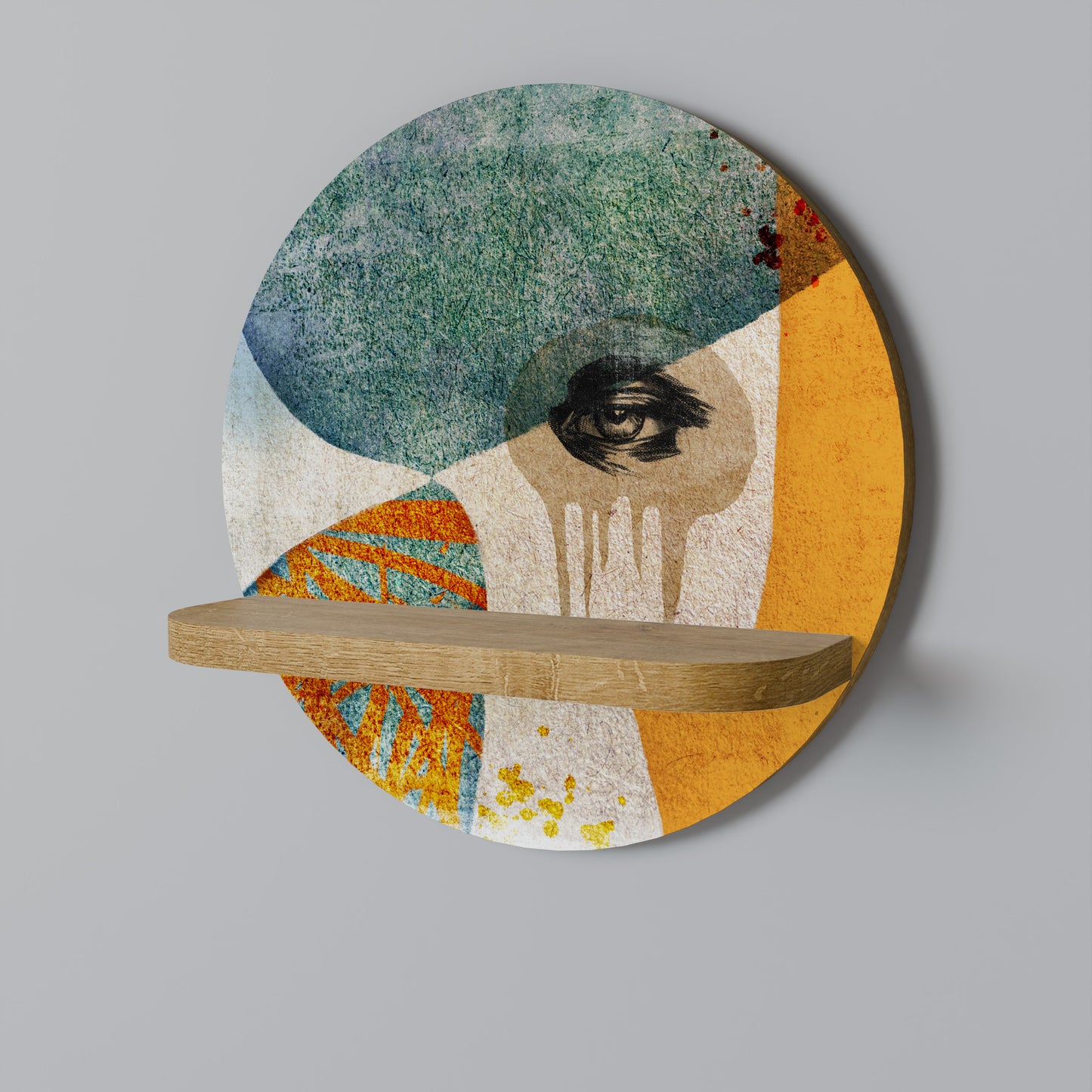 ABSTRACT FACES Round Art Shelf In Oak Effect