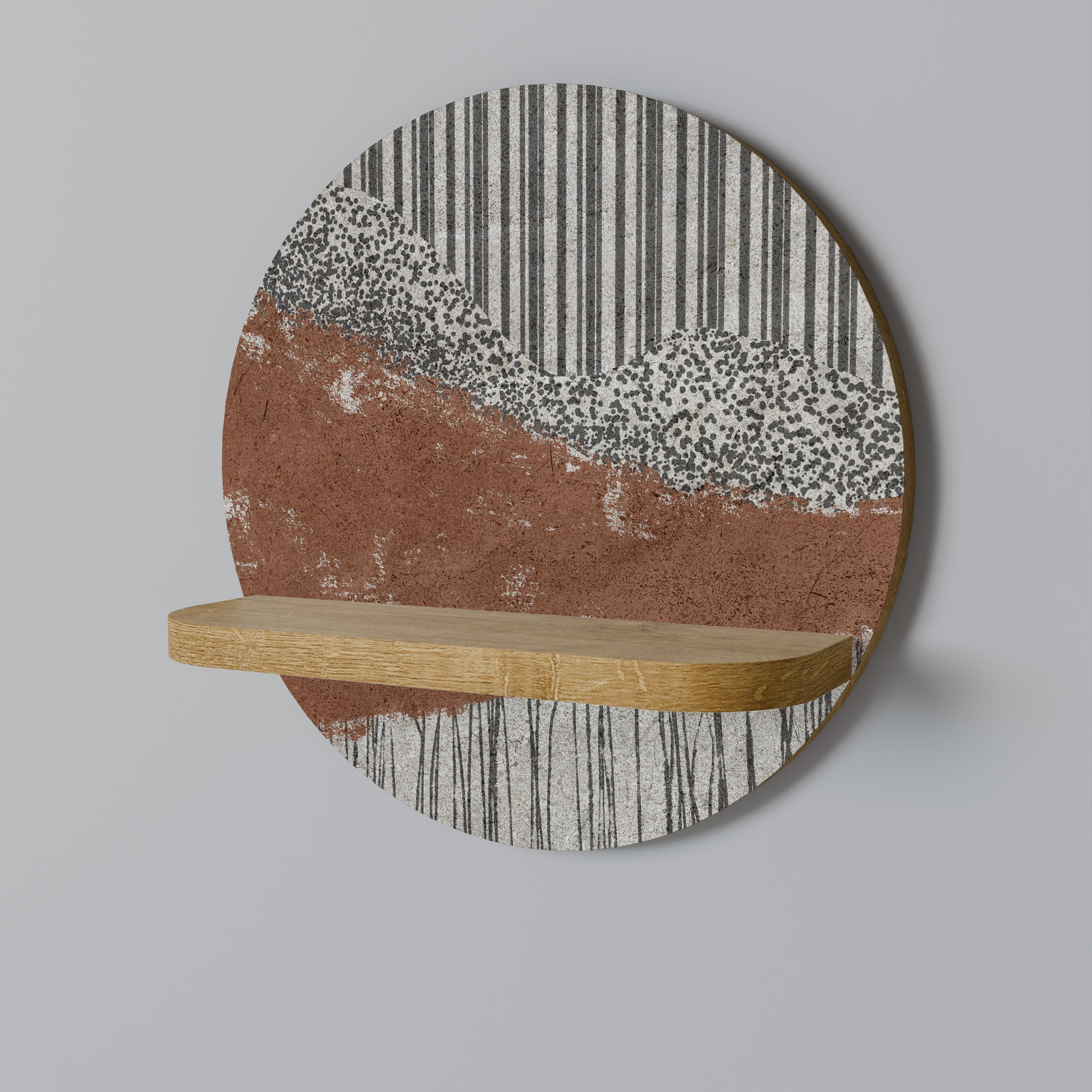 STRIPED TERRAIN Round Art Shelf In Oak Effect