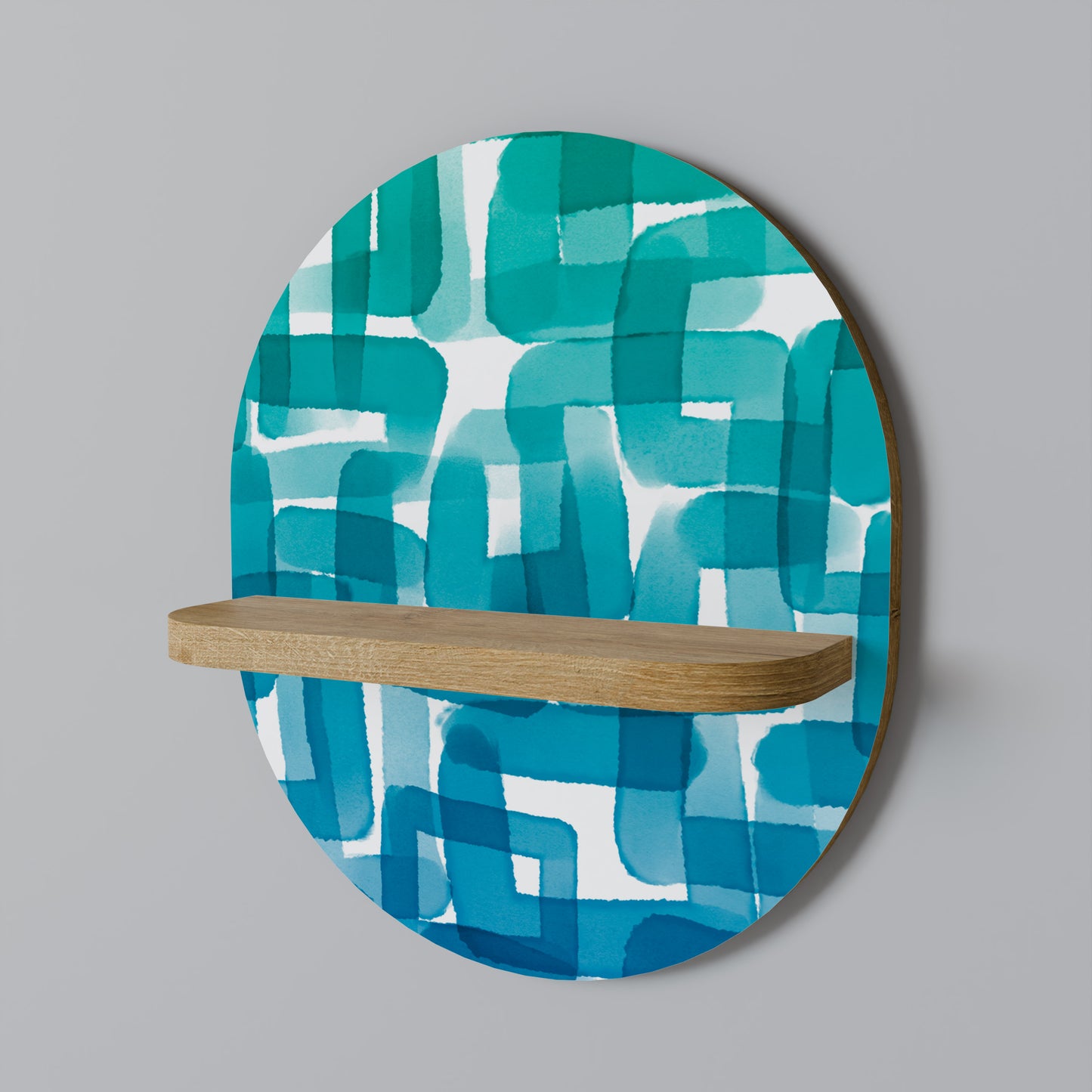 TURQUOISE RECTANGLES Oval Art Shelf In Oak Effect