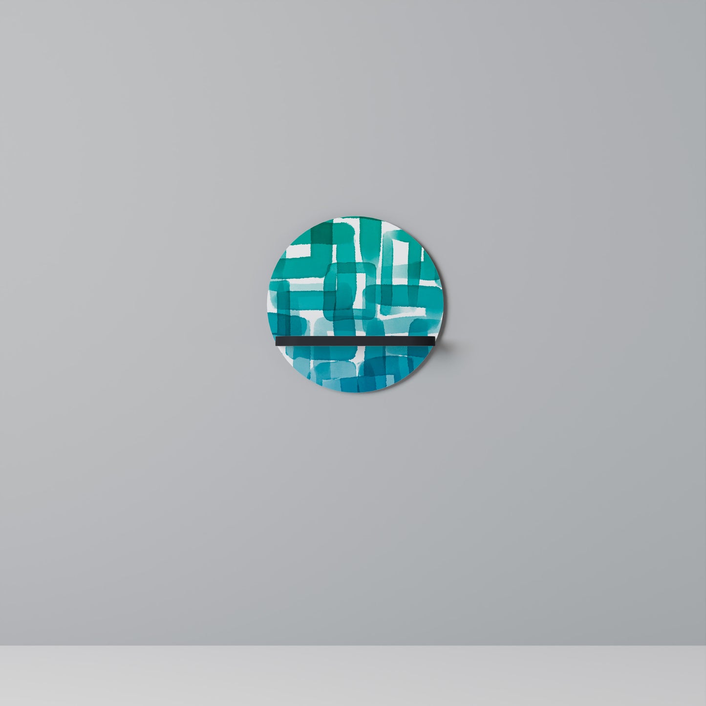 TURQUOISE RECTANGLES Round Art Shelf In Black Finish