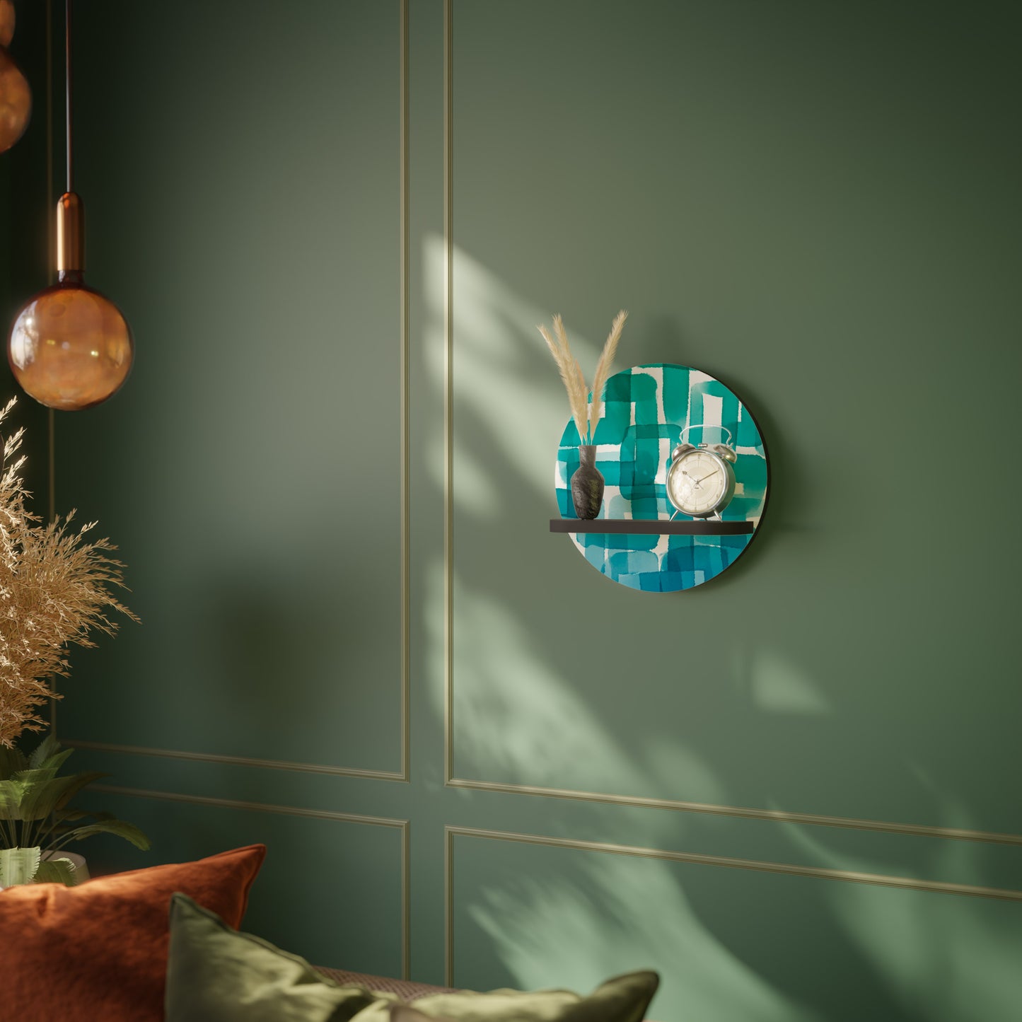 TURQUOISE RECTANGLES Round Art Shelf In Black Finish