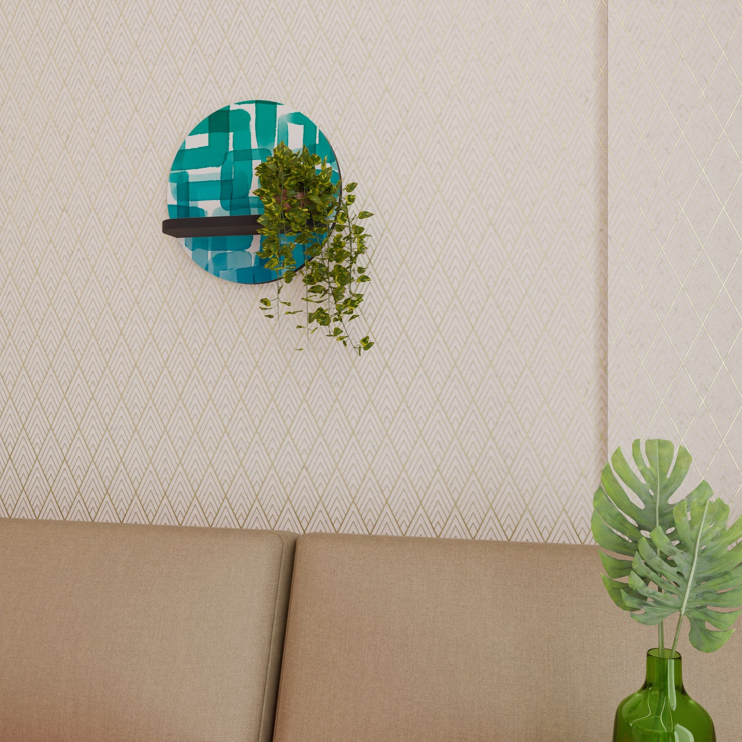 TURQUOISE RECTANGLES Round Art Shelf In Black Finish