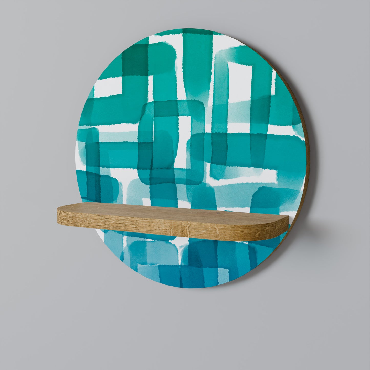 TURQUOISE RECTANGLES Round Art Shelf In Oak Effect