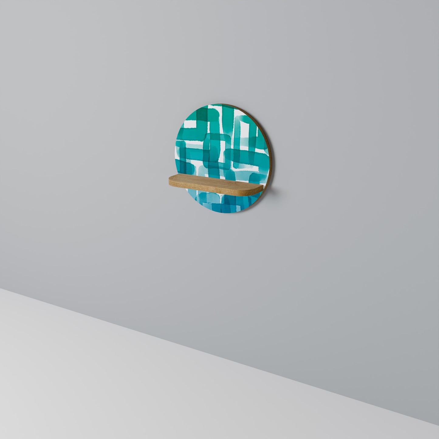 TURQUOISE RECTANGLES Round Art Shelf In Oak Effect