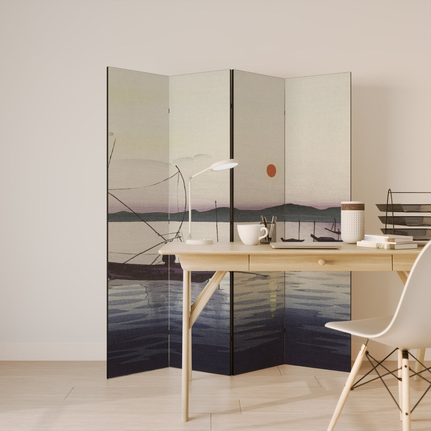 BOATS AND SETTING SUN Decorative 4-Panel Room Divider