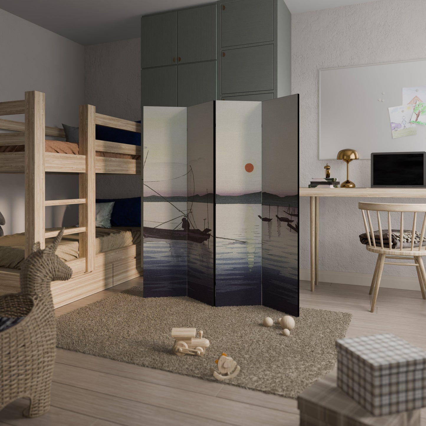 BOATS AND SETTING SUN Decorative 4-Panel Room Divider