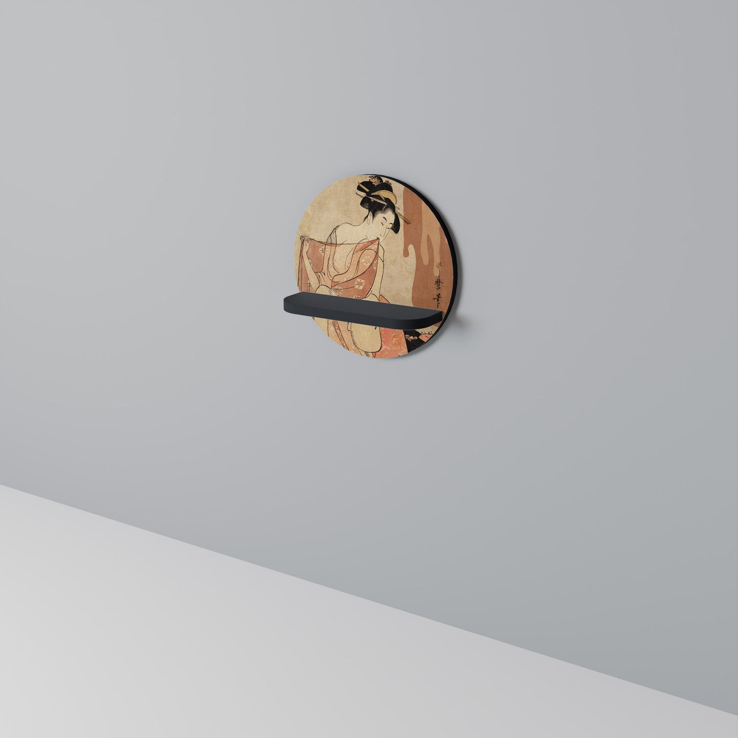 WOMAN, CAT AND EXTRA BROWN Round Art Shelf In Black Finish