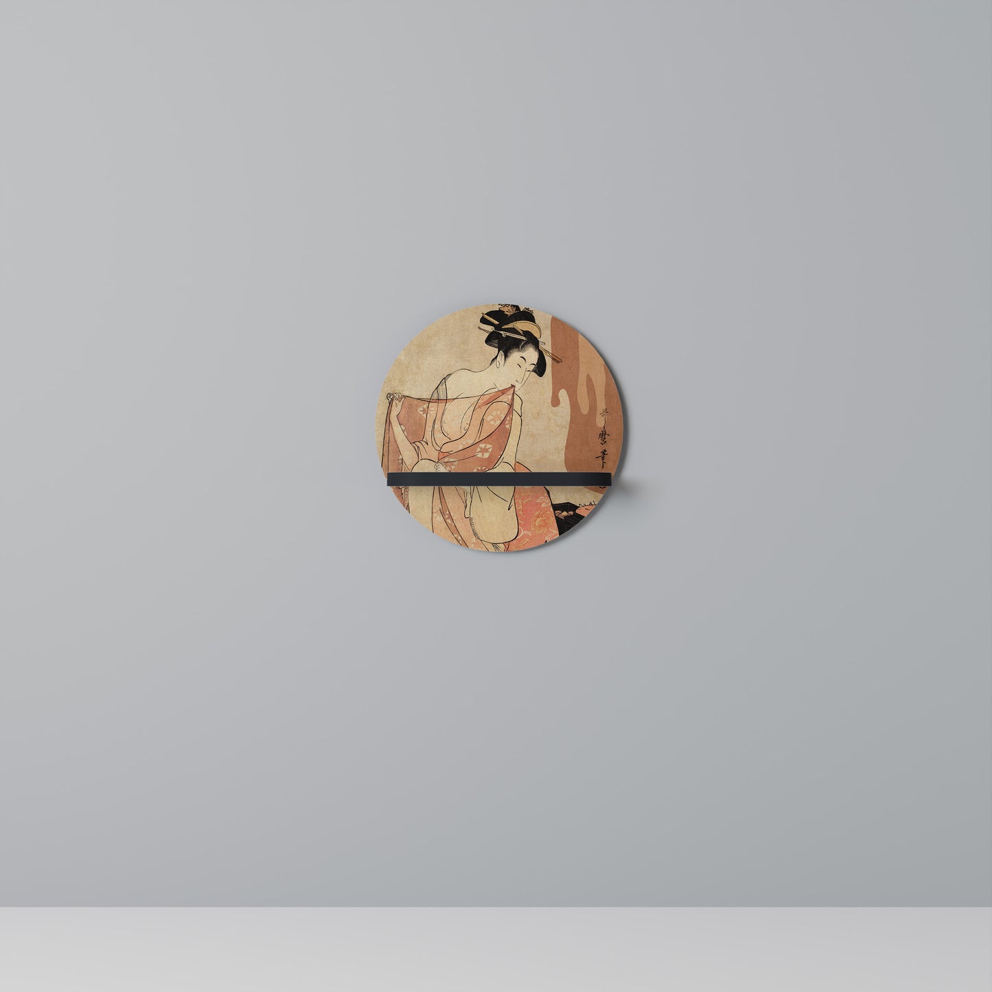 WOMAN, CAT AND EXTRA BROWN Round Art Shelf In Black Finish