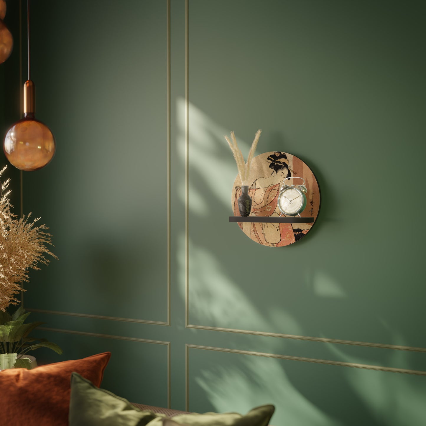 WOMAN, CAT AND EXTRA BROWN Round Art Shelf In Black Finish