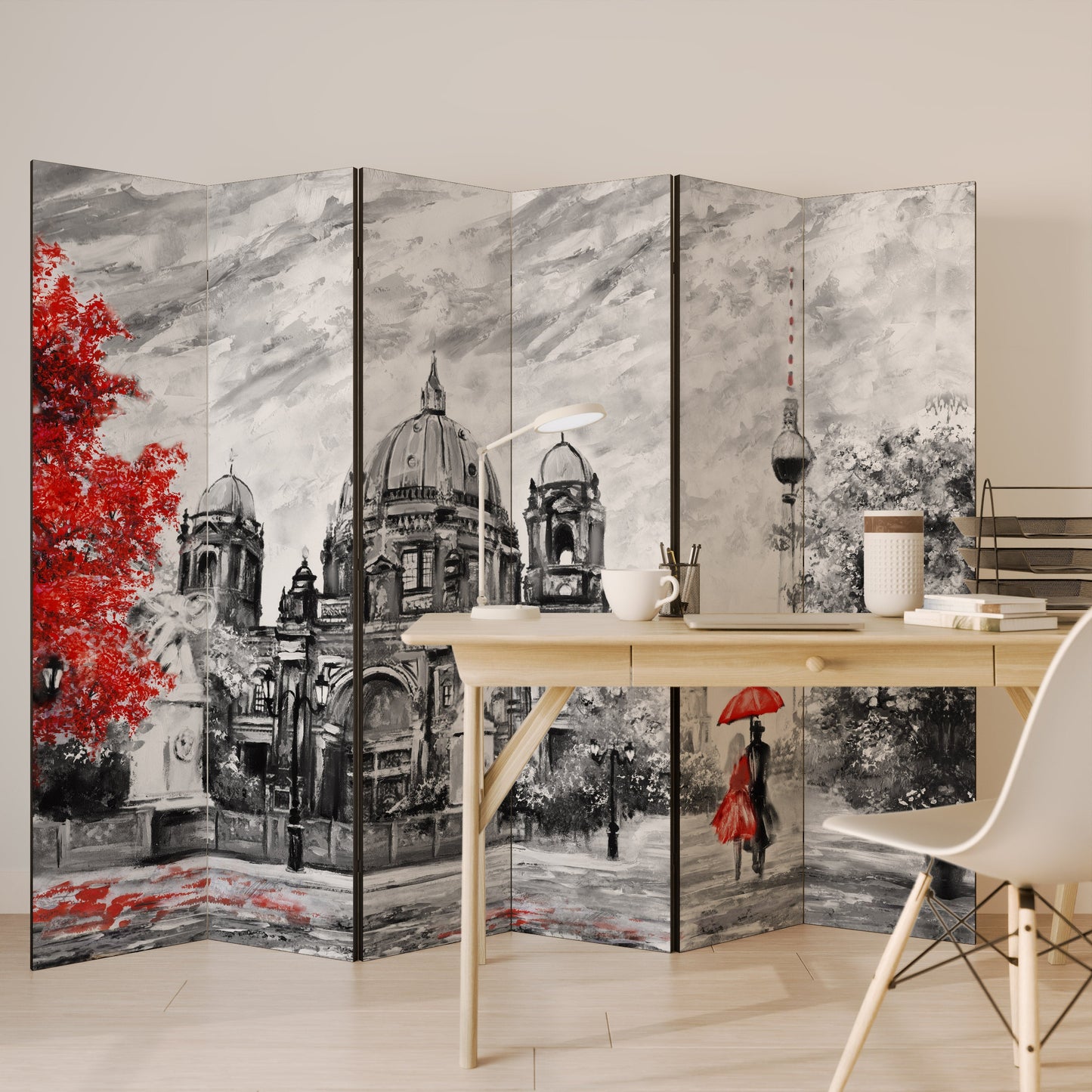 Dekorativ rumsavdelare med 6 paneler RED LEAVES EMBRACE