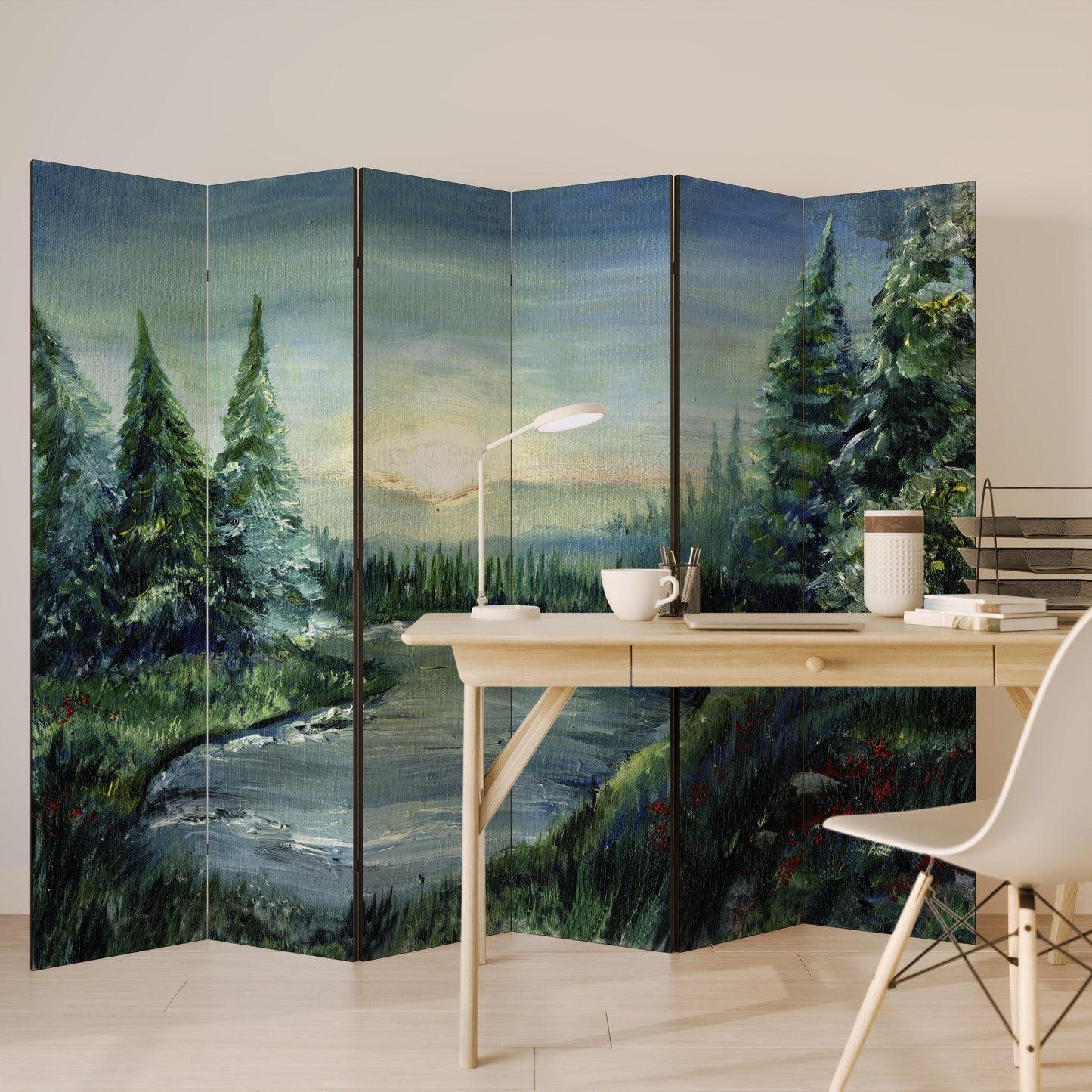 Dekorativ rumsavdelare med 6 paneler i FOREST SUNSET