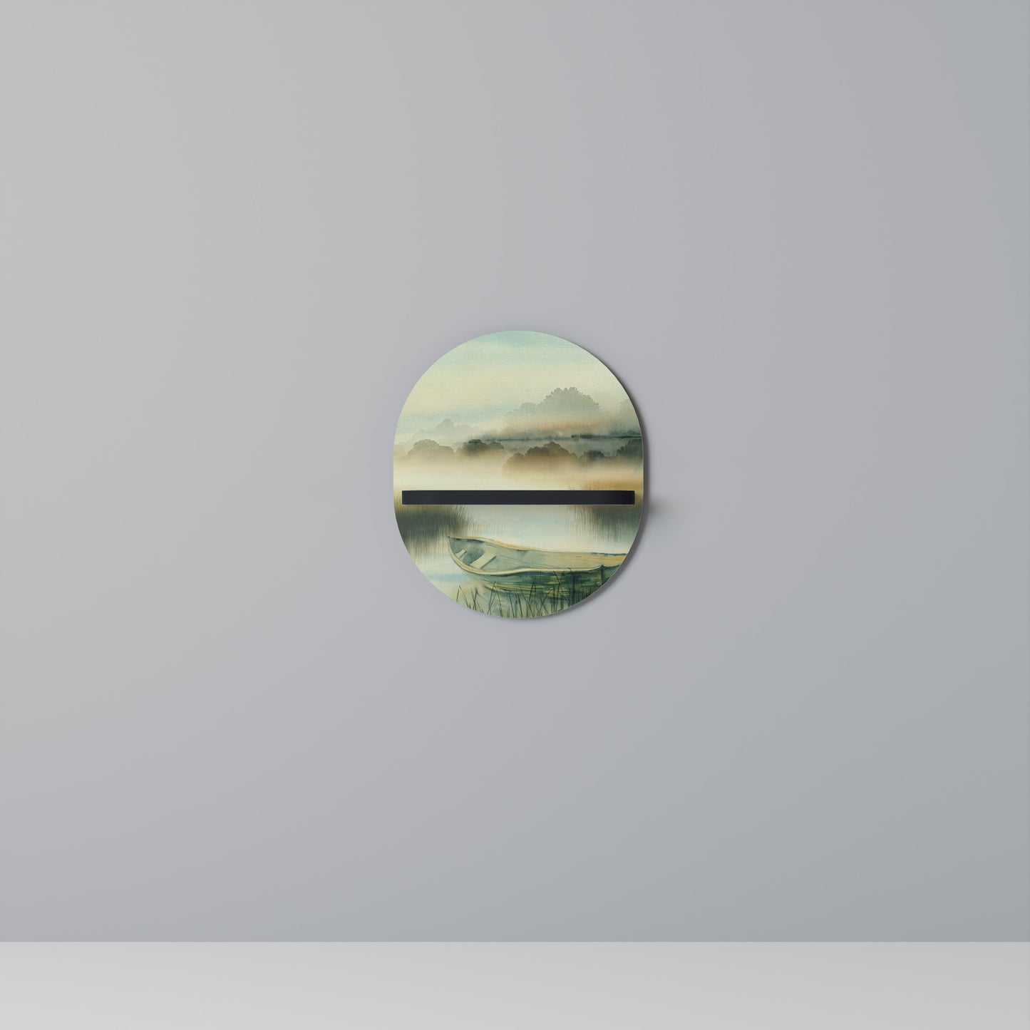 MORNING BY THE LAKE Oval Art Shelf In Black Finish