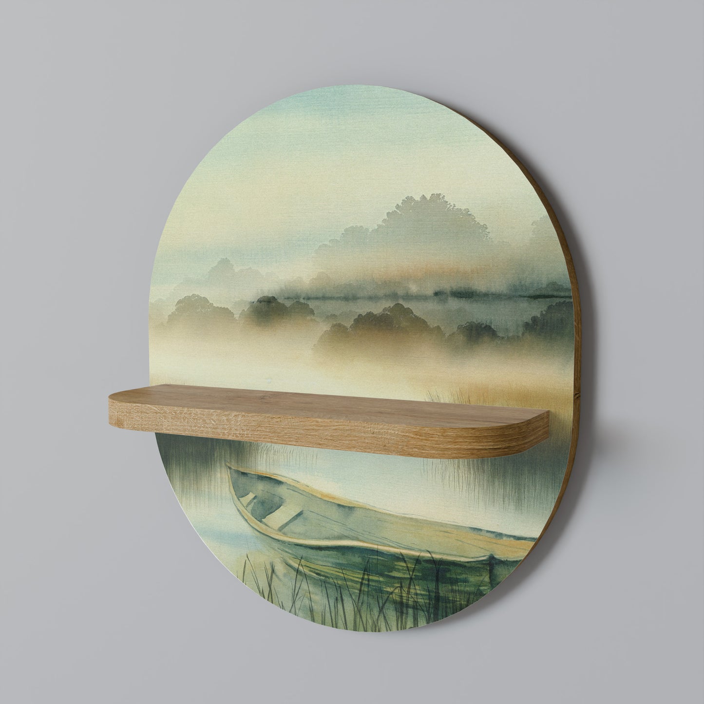 MORNING BY THE LAKE Oval Art Shelf In Oak Effect
