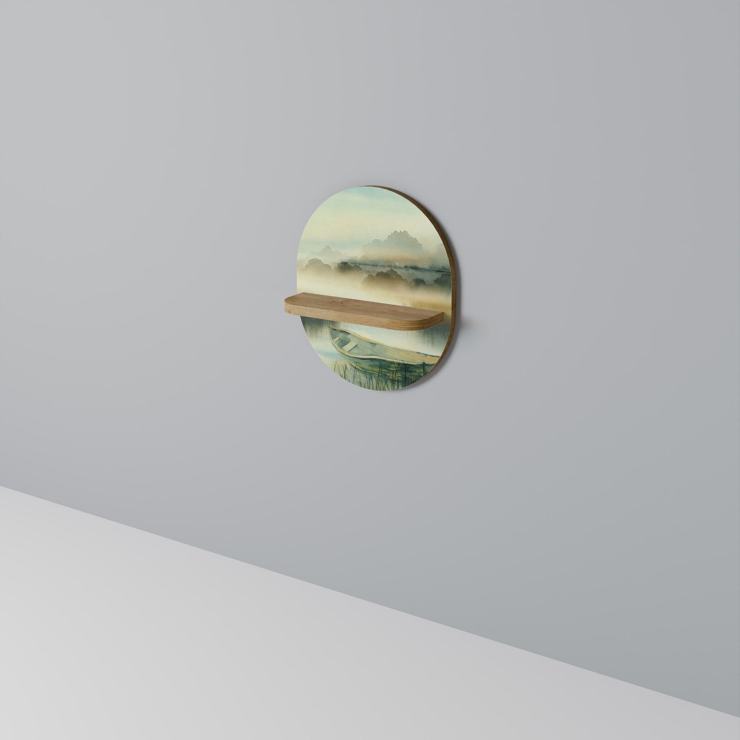 MORNING BY THE LAKE Oval Art Shelf In Oak Effect