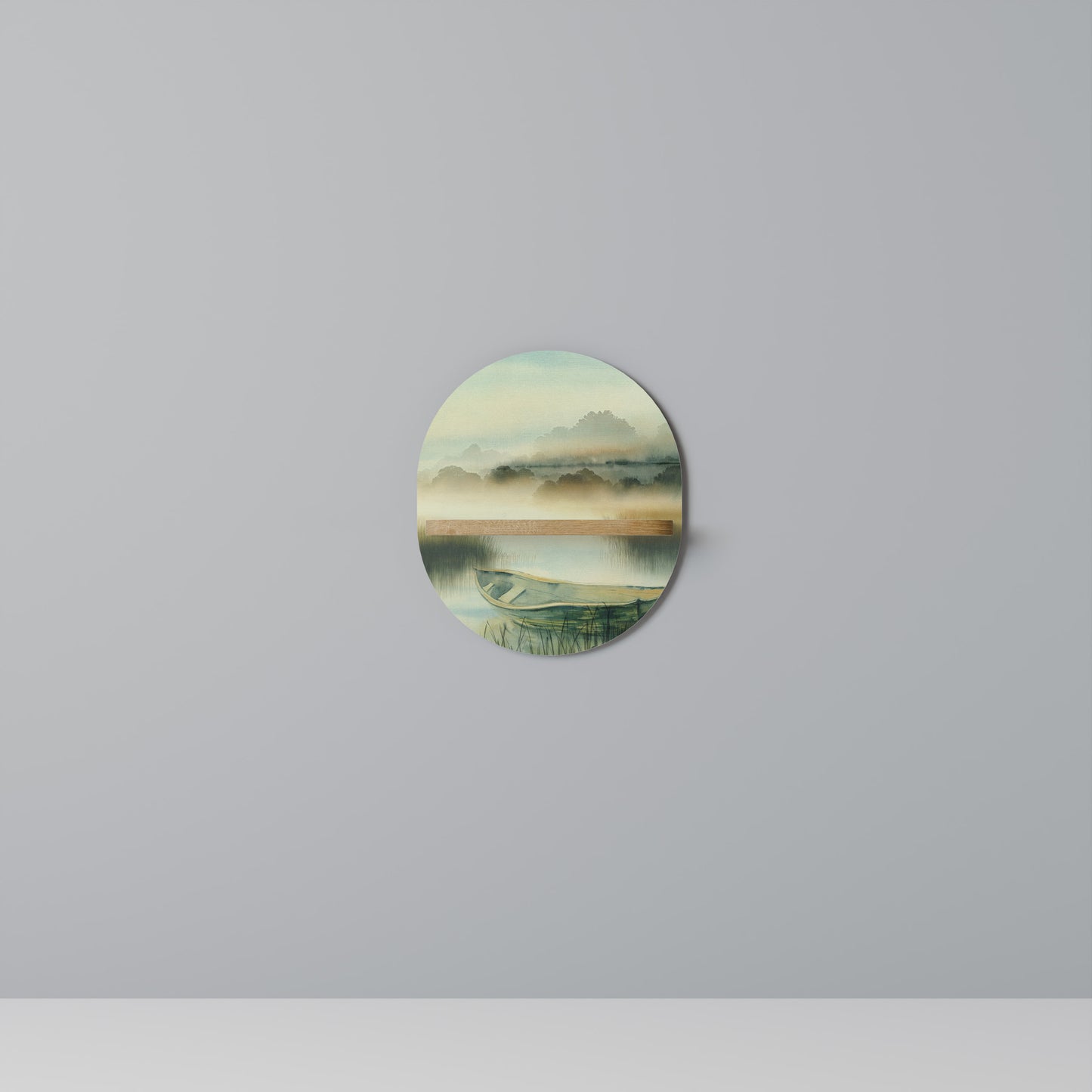 MORNING BY THE LAKE Oval Art Shelf In Oak Effect