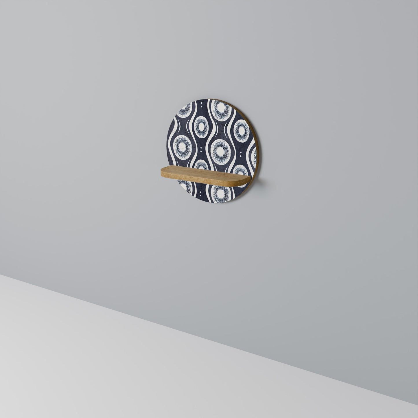 GRAPHITE EYES Round Art Shelf In Oak Effect