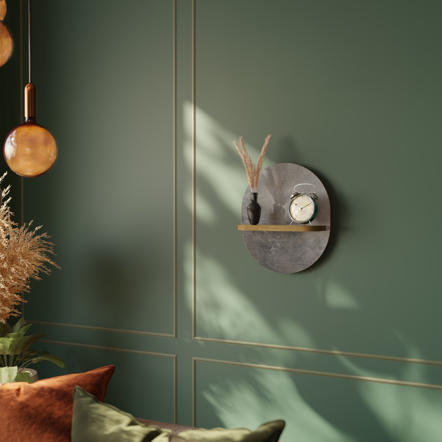 CONCRETE WALL Oval Art Shelf In Oak Effect