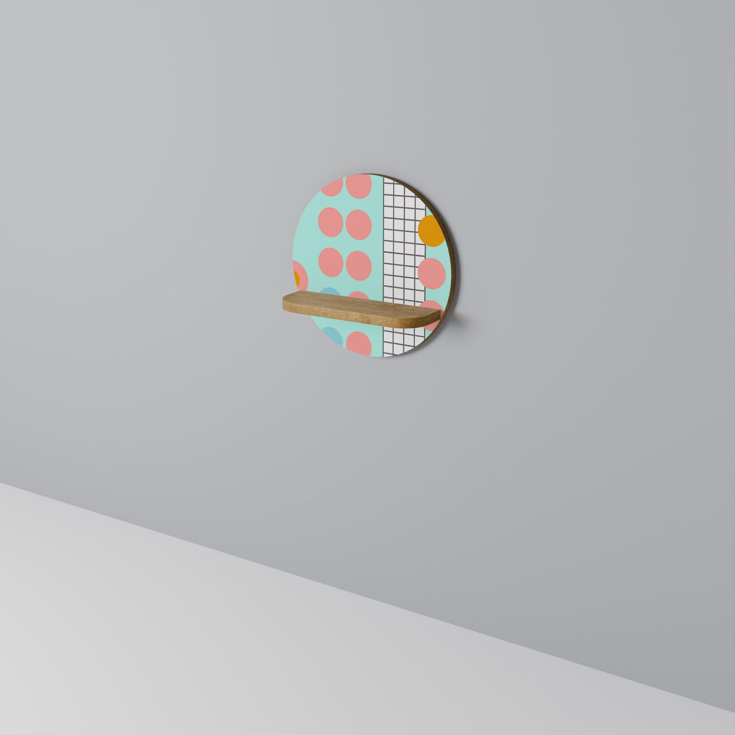 RETRO GRID Round Art Shelf In Oak Effect