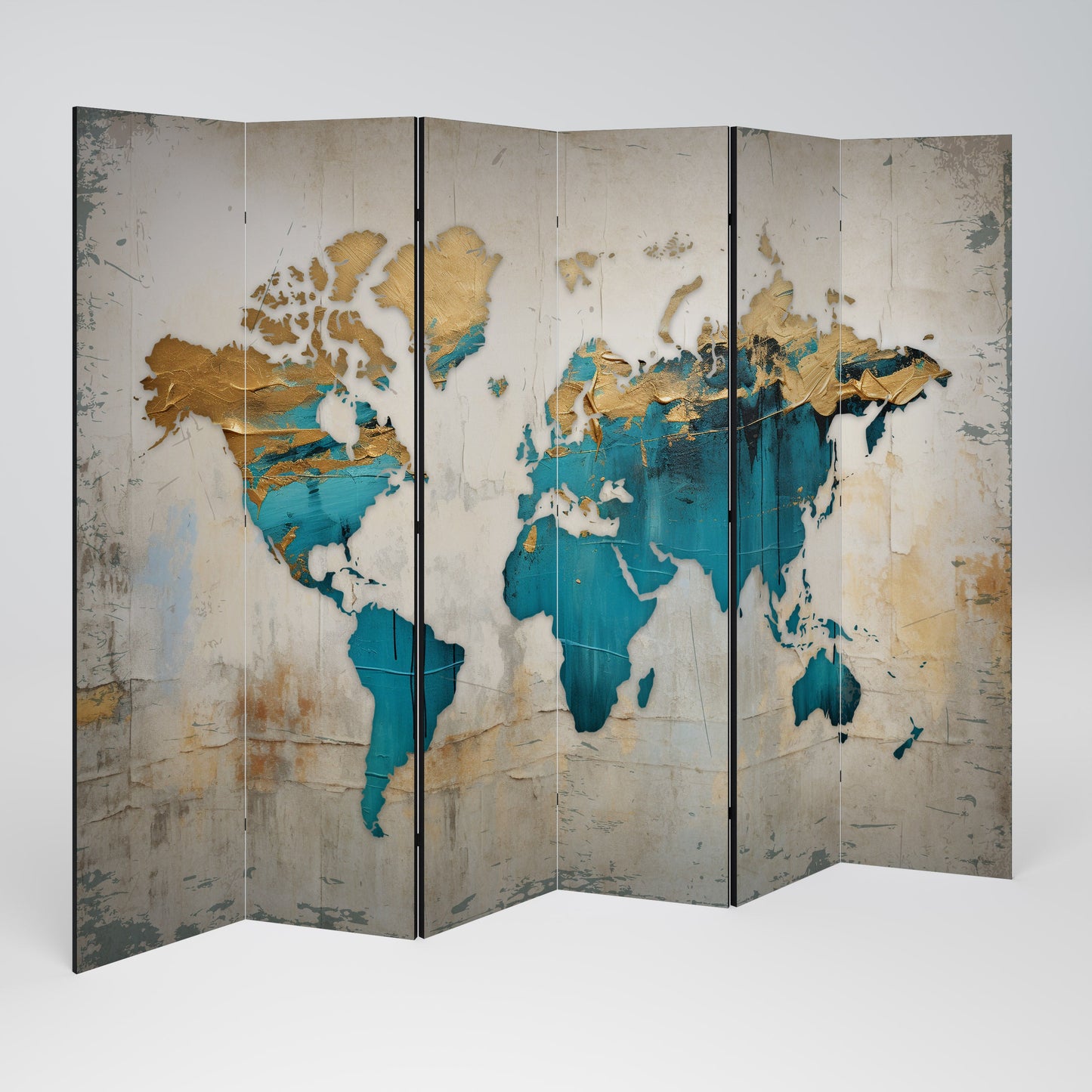 AZURE GILDED MAP Decorative 6-Panel Room Divider
