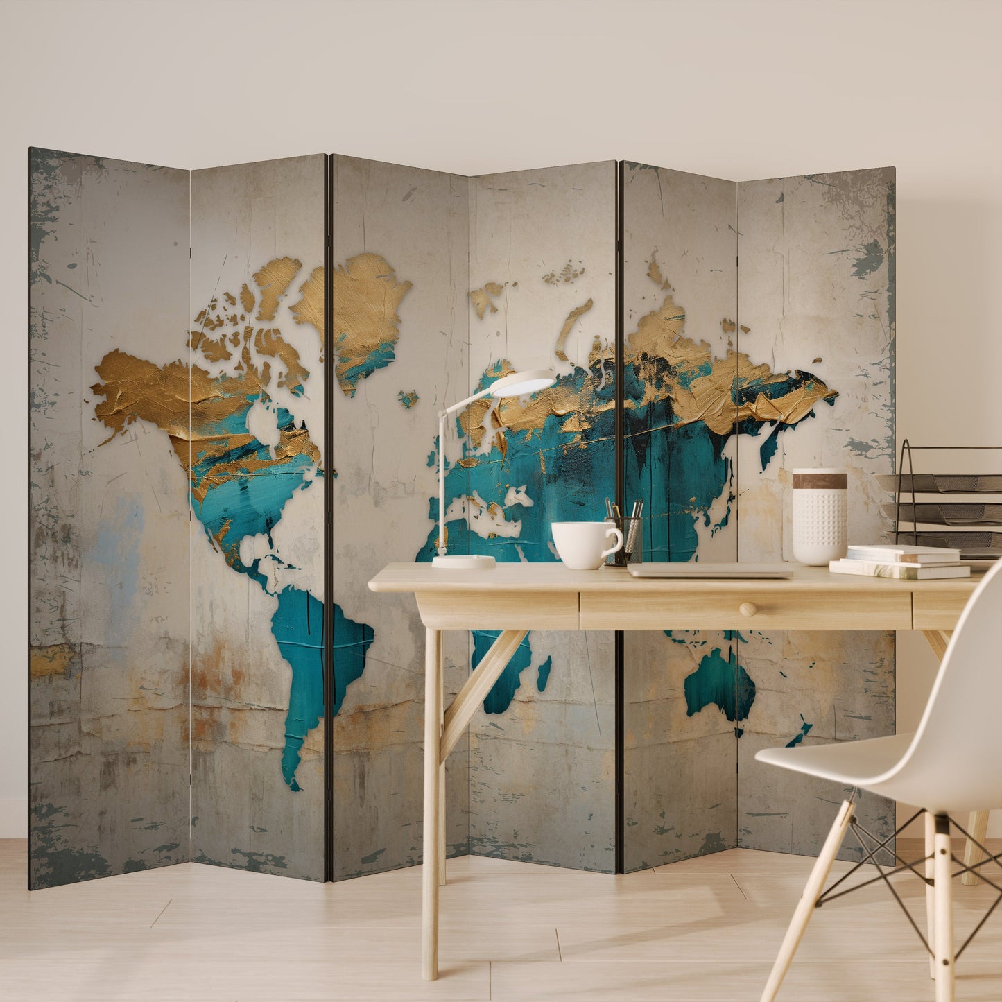AZURE GILDED MAP Decorative 6-Panel Room Divider