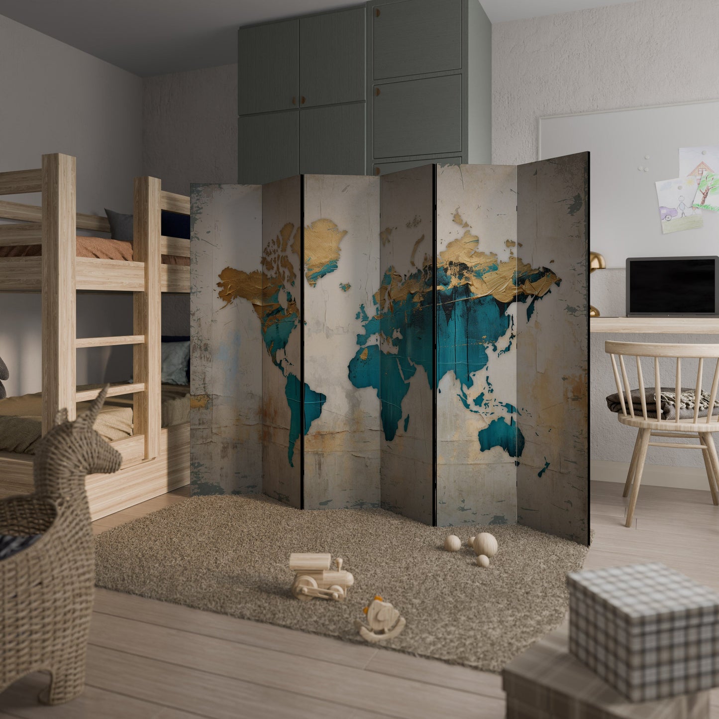 AZURE GILDED MAP Decorative 6-Panel Room Divider