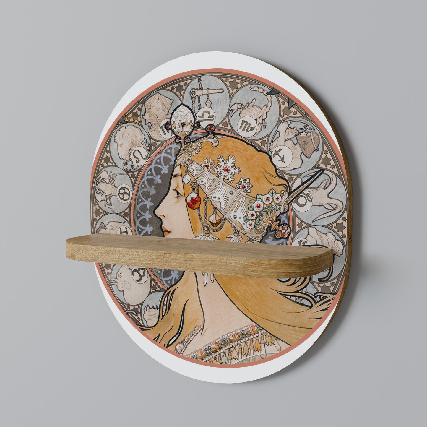 ZODIAQUE OR LA PLUME Oval Art Shelf In Oak Effect