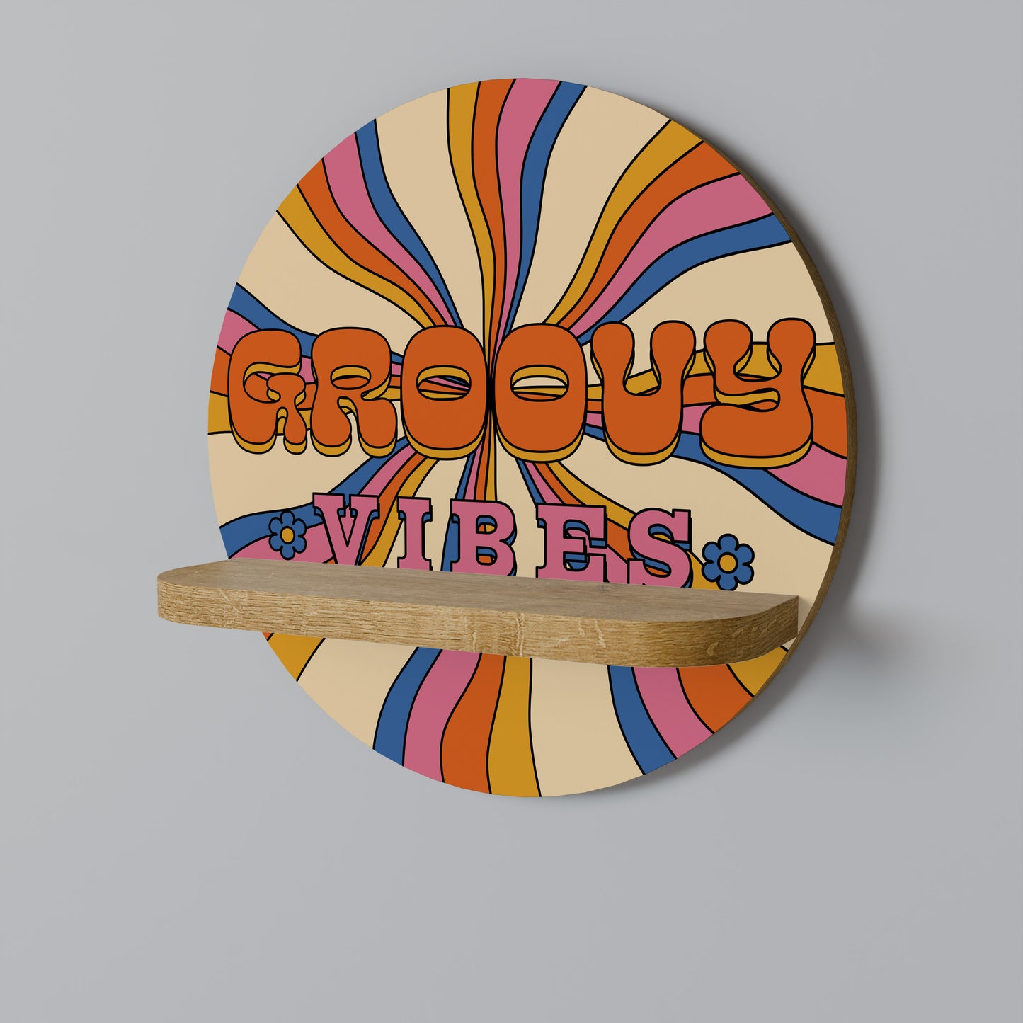 RADIANT GROOVY VIBES Round Art Shelf In Oak Effect