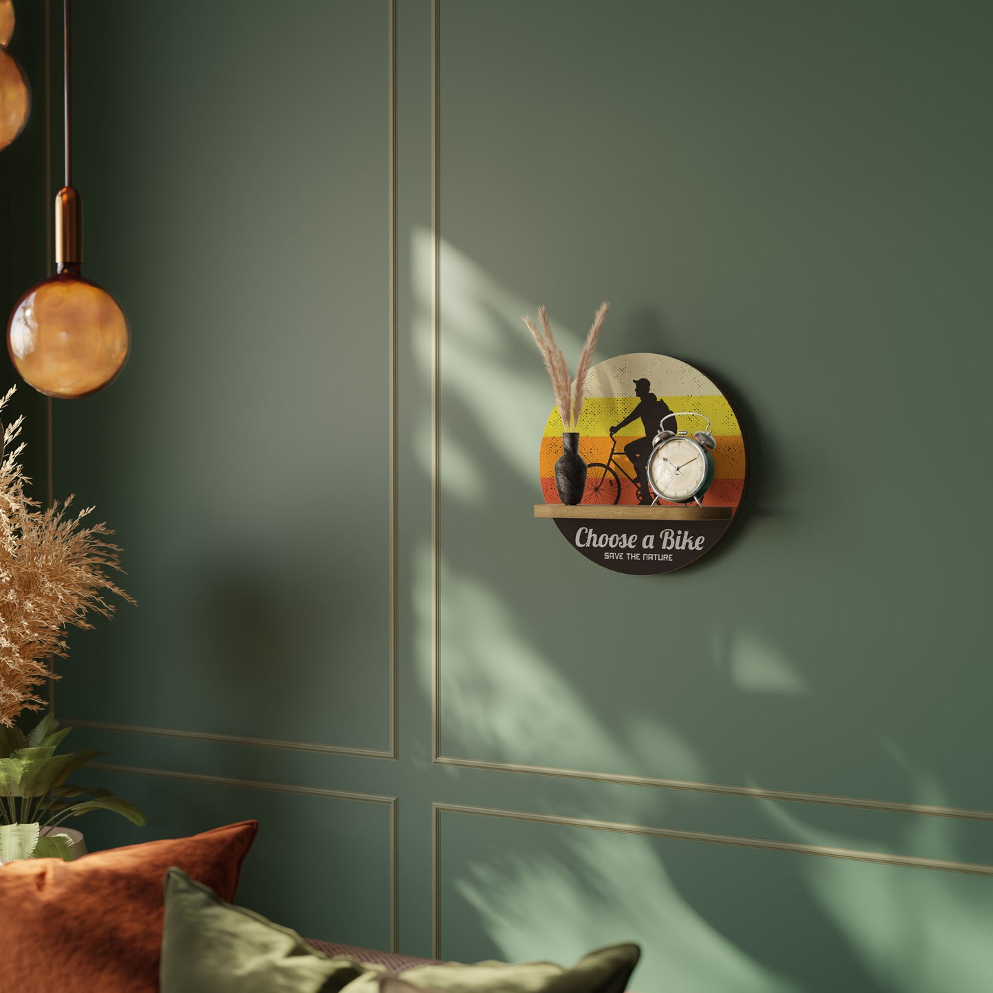 CHOOSE A BIKE Round Art Shelf In Oak Effect