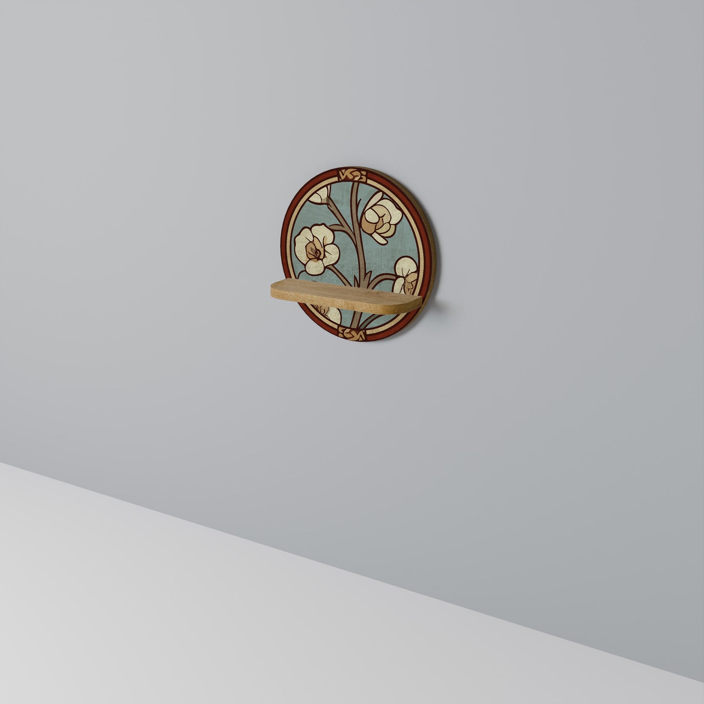 ORNATE PETALS Round Art Shelf In Oak Effect