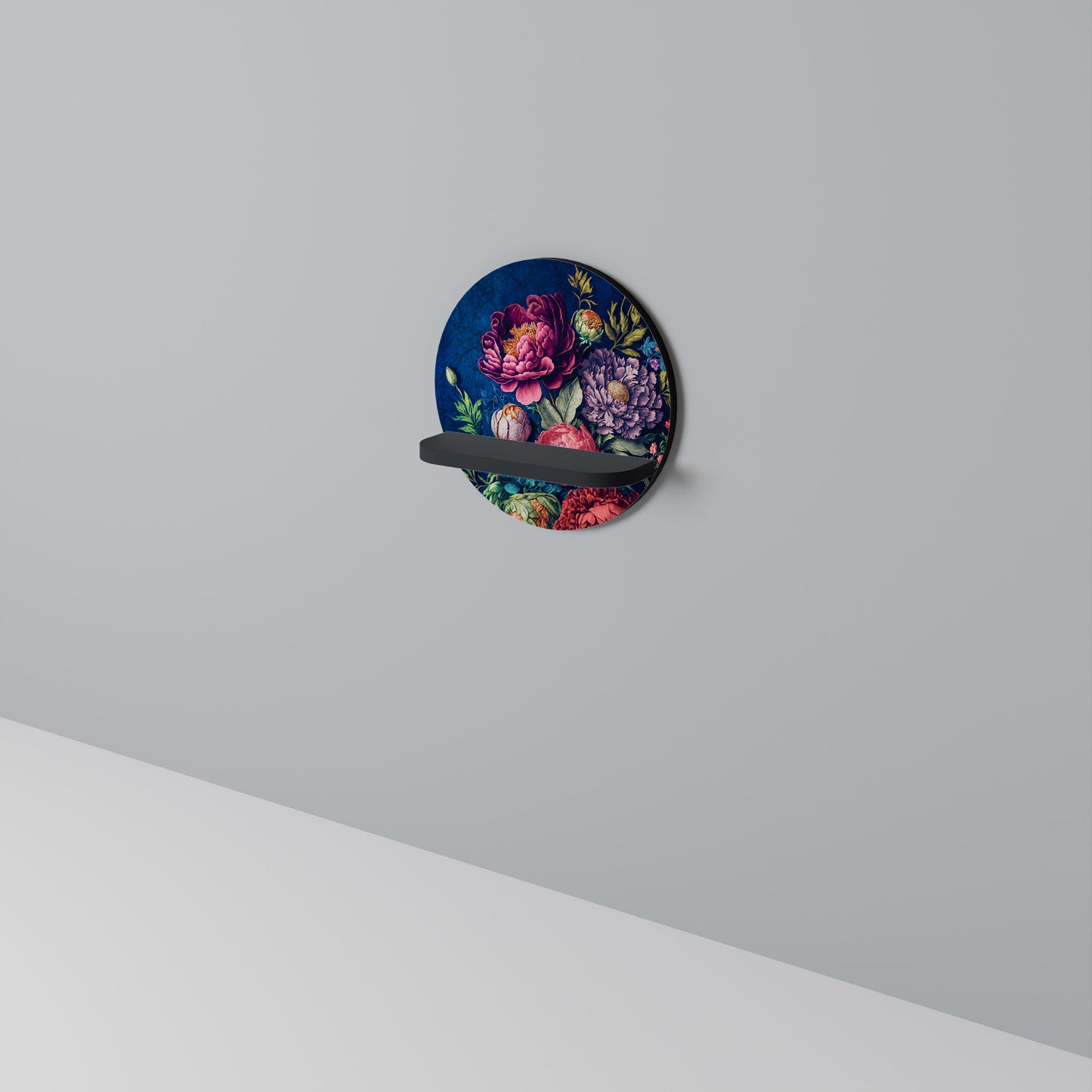 BLOOMING ELEGANCE Round Art Shelf In Black Finish