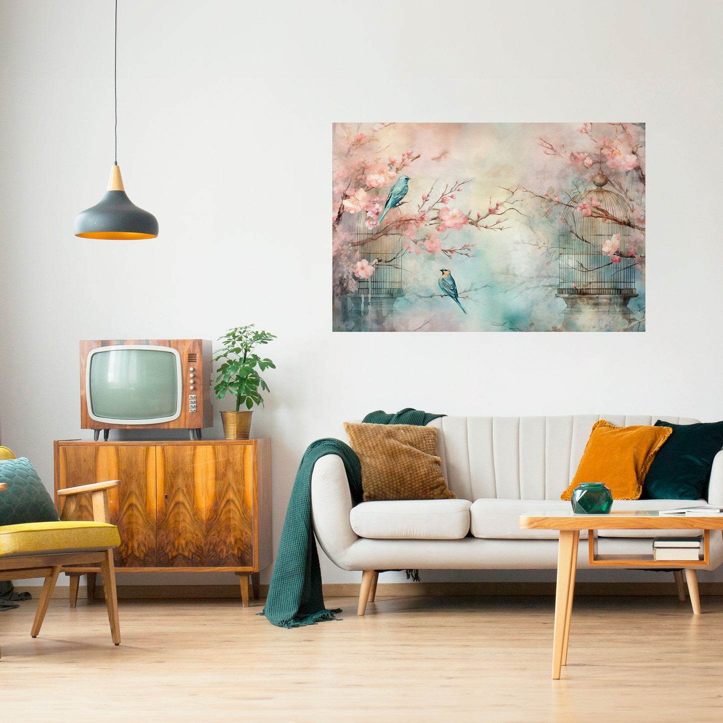 KÖRSBÄRSFÅGELSONG horisontell poster med självhäftande motiv