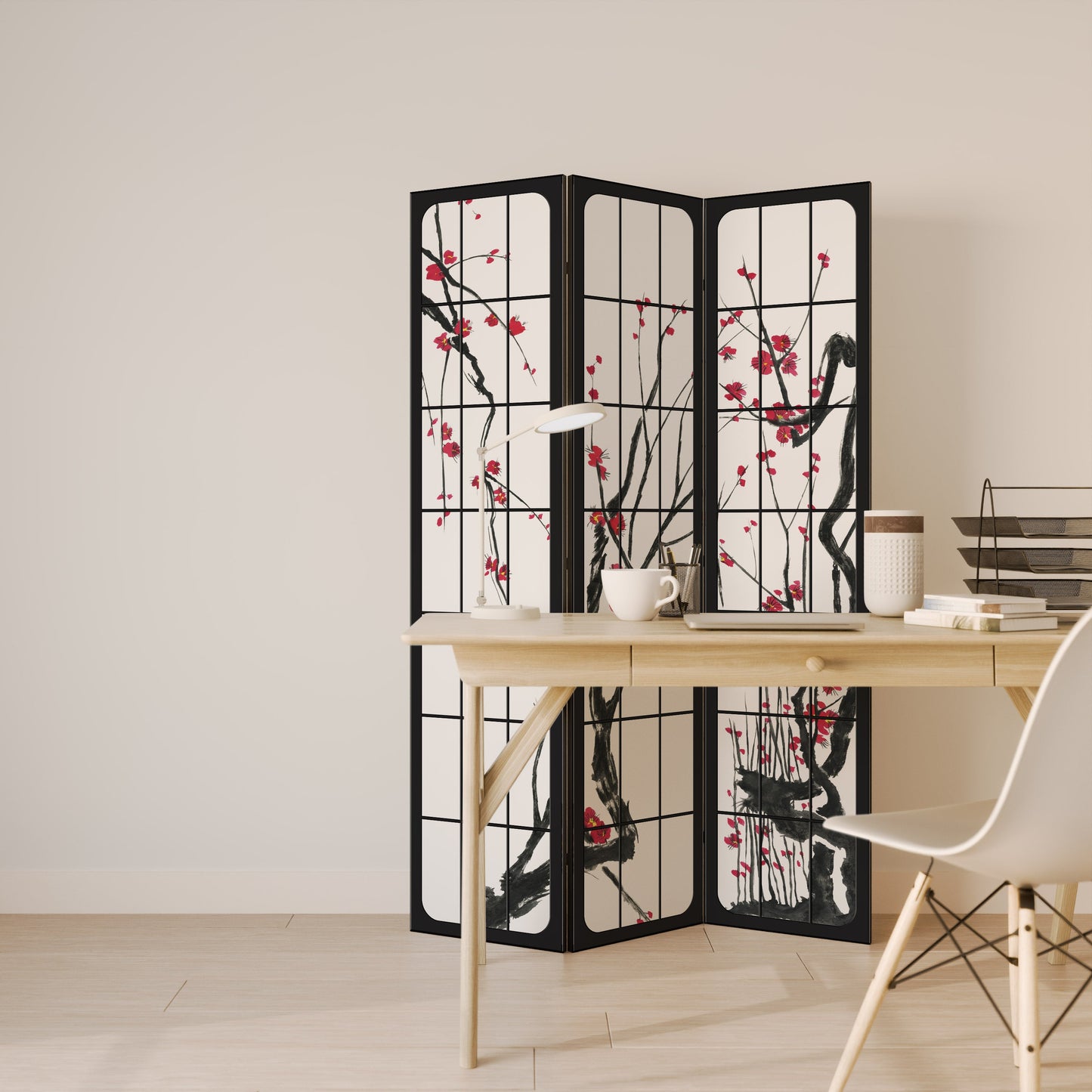 Dekorativ rumsavdelare med 3 paneler, JAPANSKA BLOMSTER