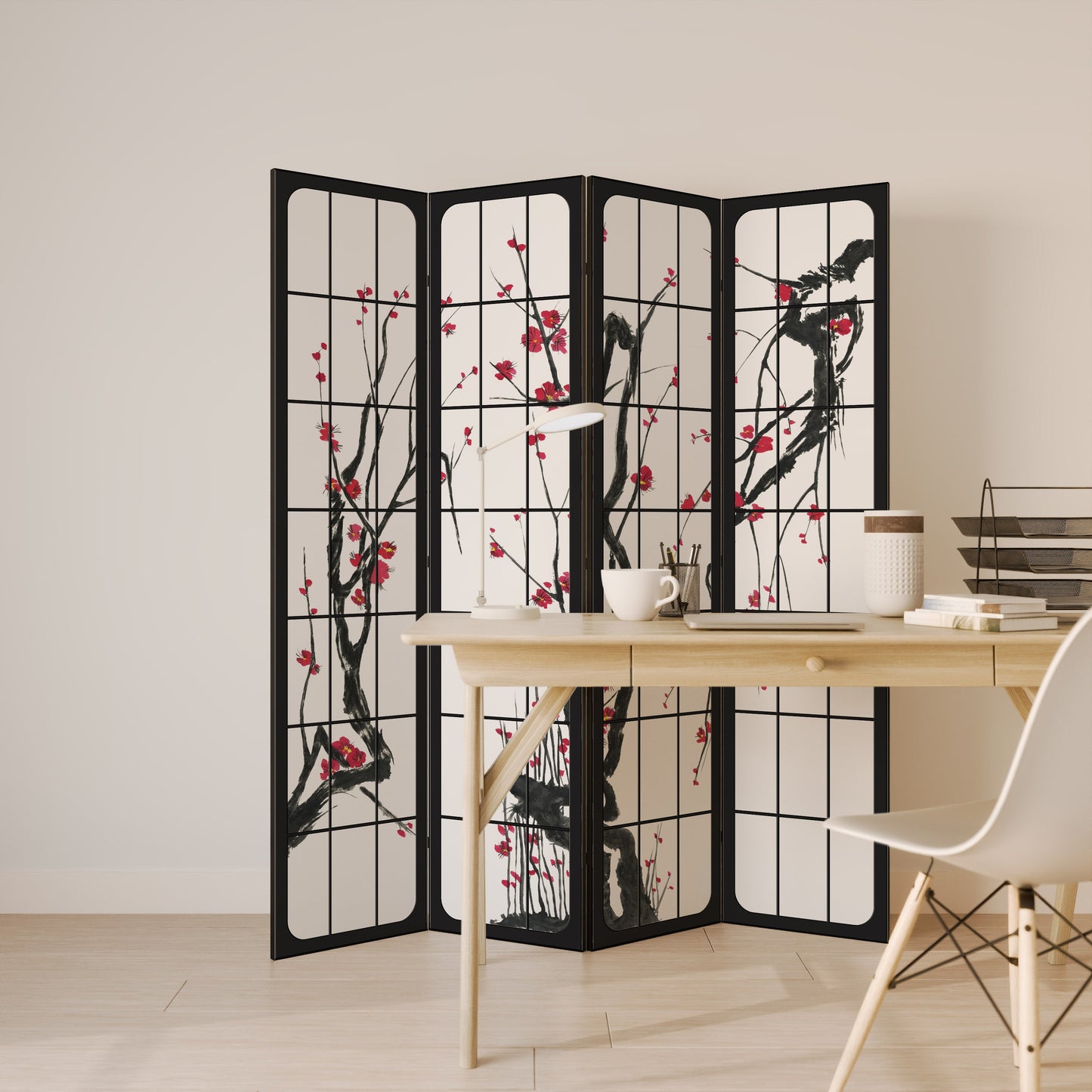 Dekorativ rumsavdelare med 4 paneler, JAPANSKA BLOMSTER