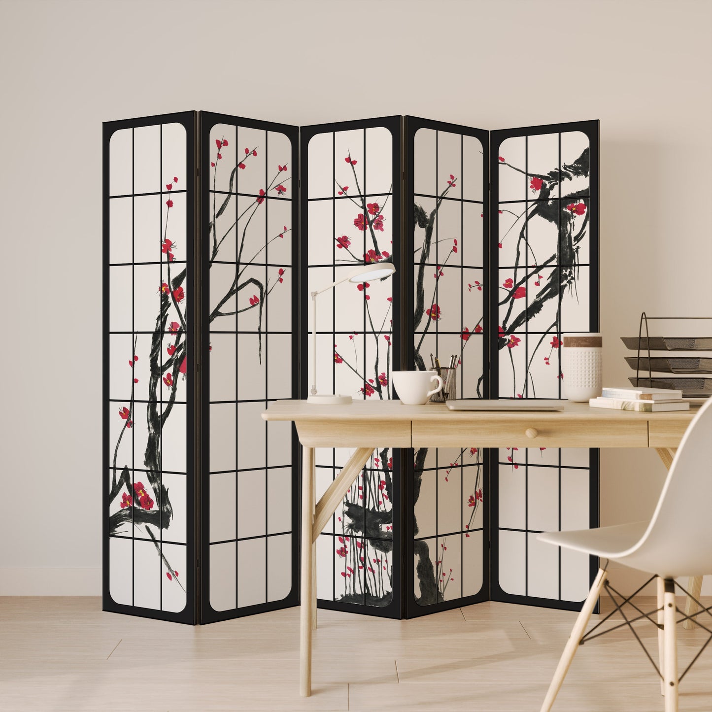 Dekorativ rumsavdelare med 5 paneler, JAPANSKA BLOMSTER