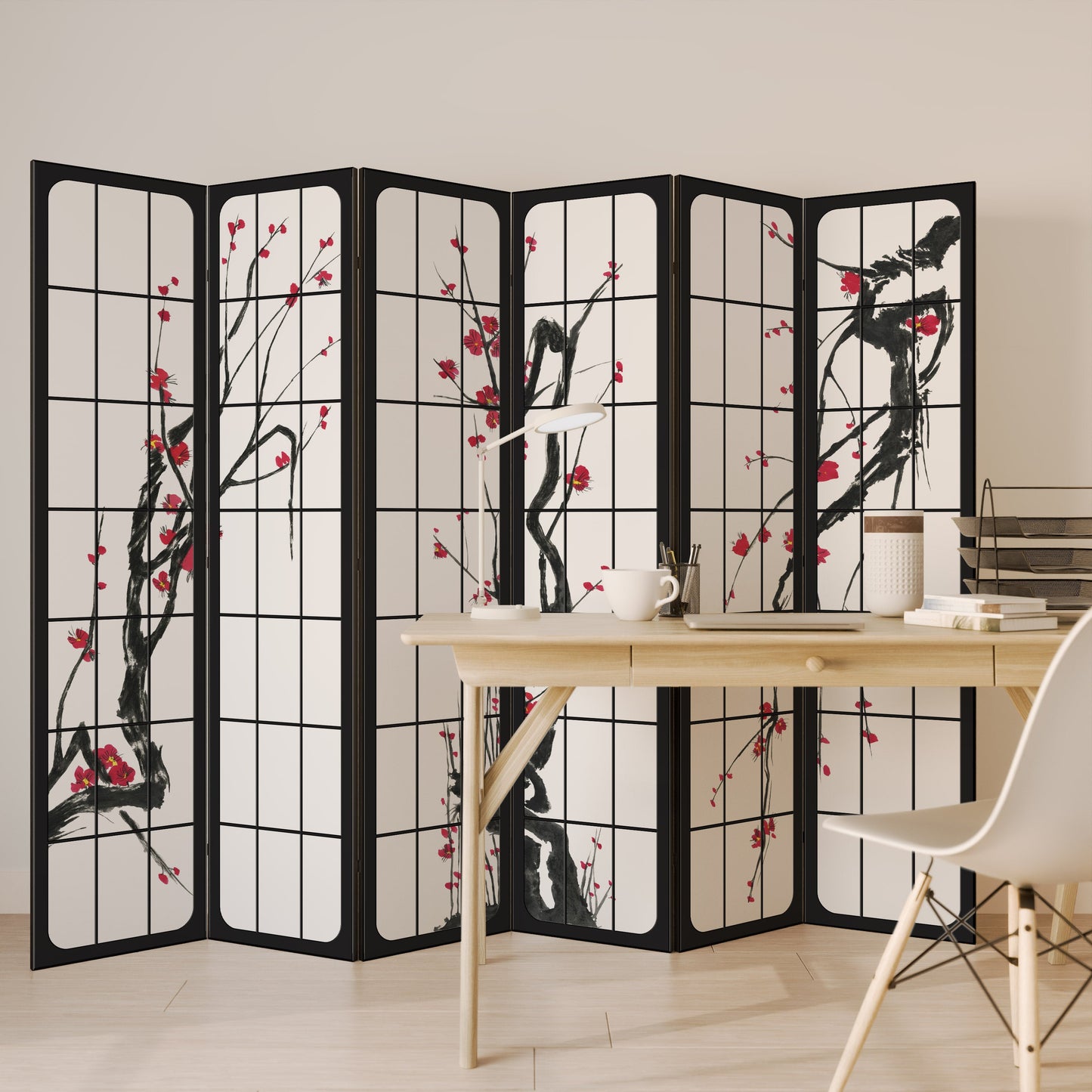 Dekorativ rumsavdelare med 6 paneler, JAPANSKA BLOMSTER