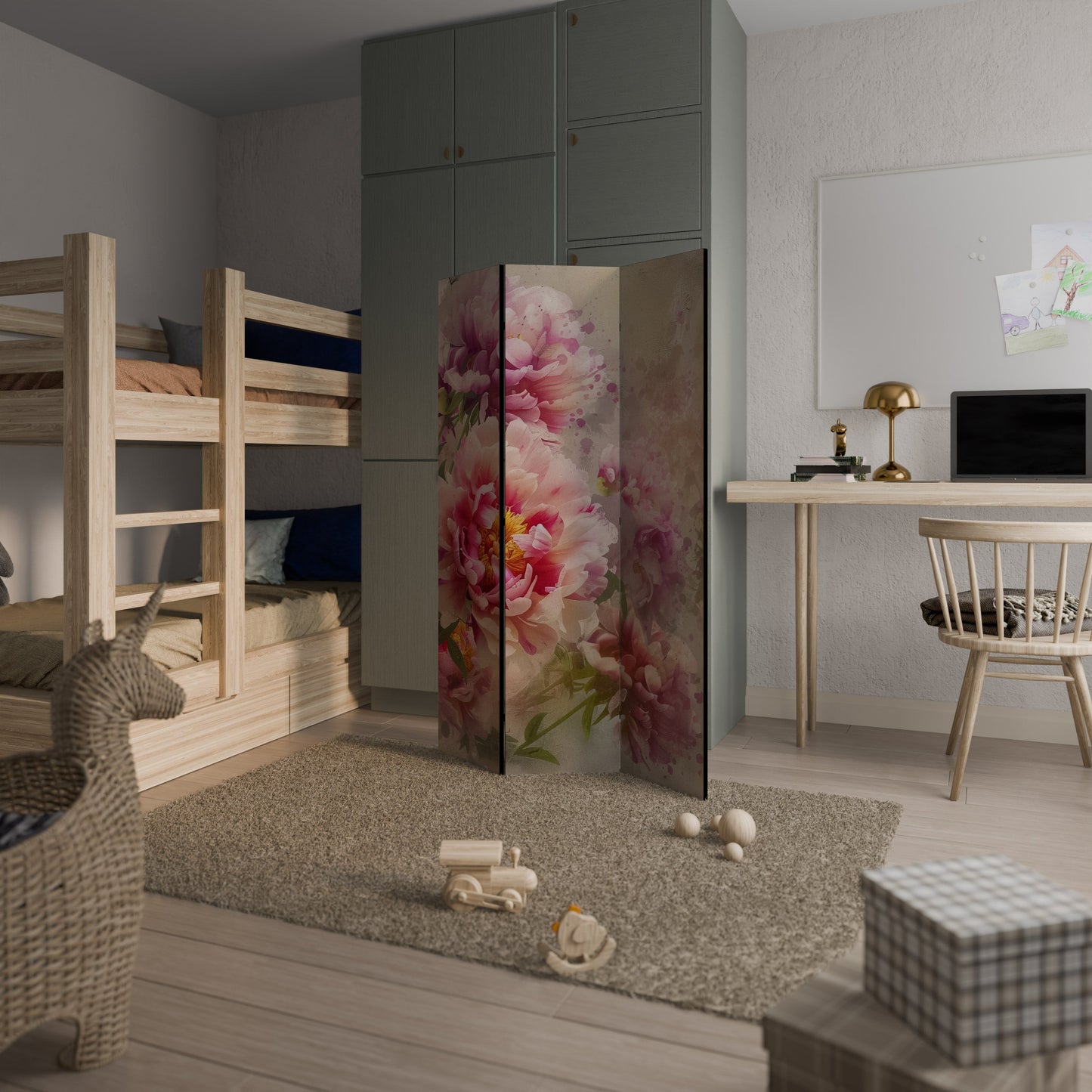 Dekorativ rumsavdelare med 3 paneler PEONY WHISPER