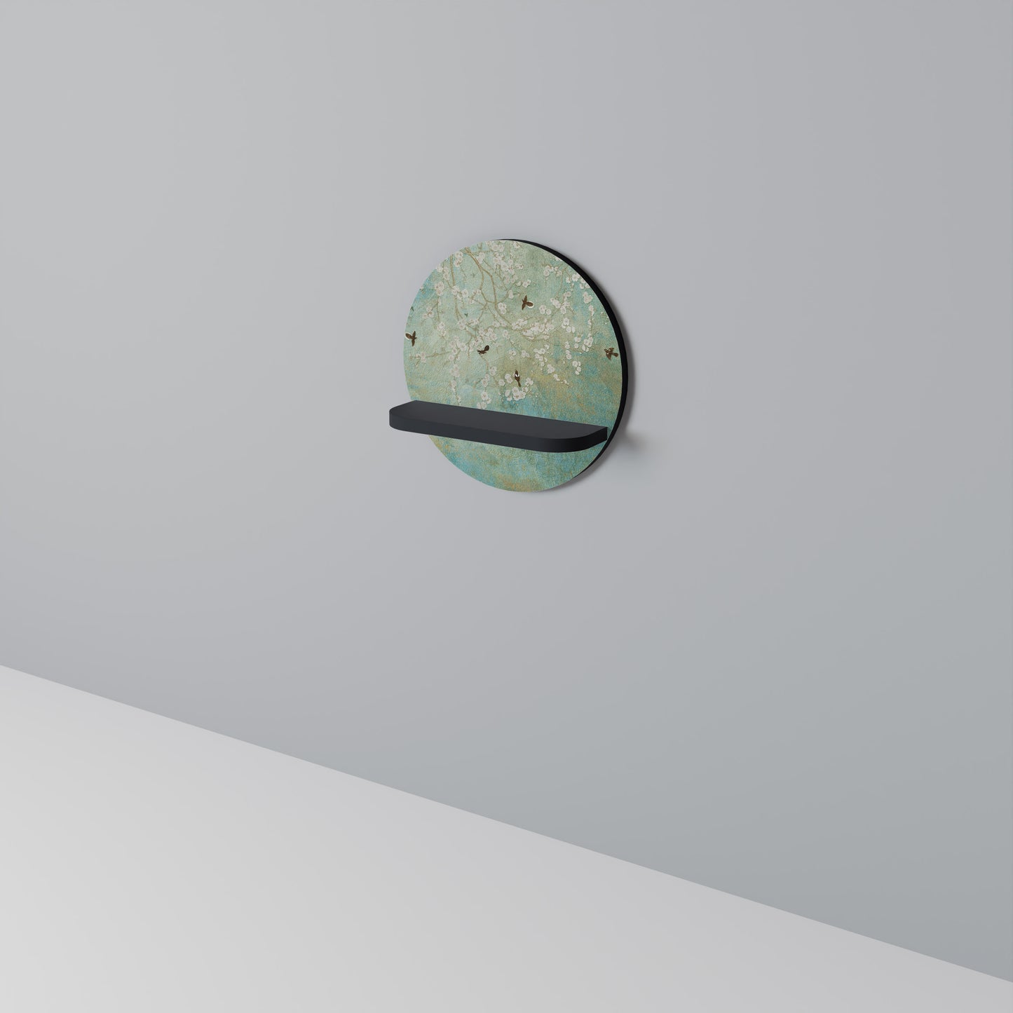 BLOMMANDE CHARM Rund konsthylla i svart finish