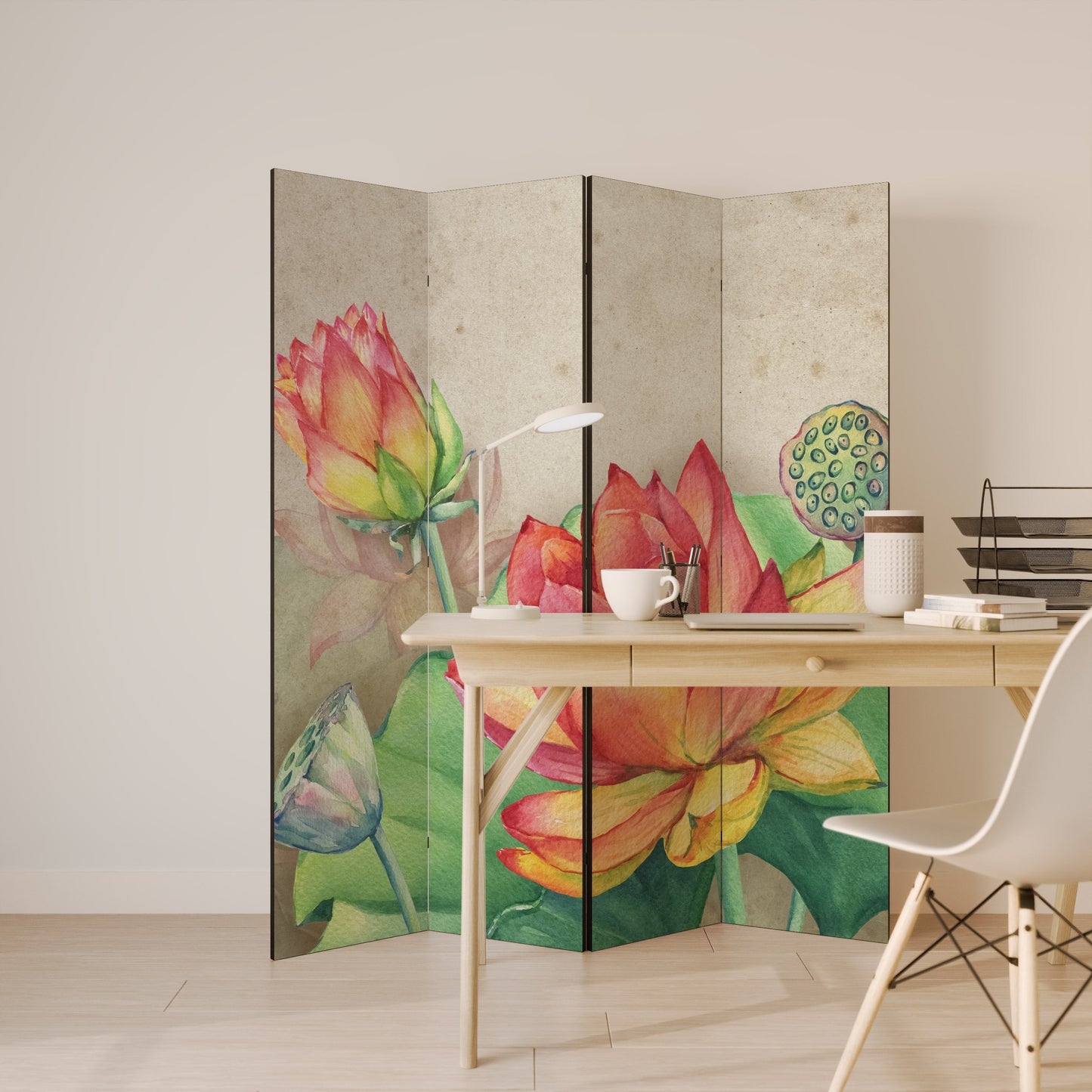 VISKANDE LOTUSBLOMSTER Dekorativ rumsavdelare med 4 paneler