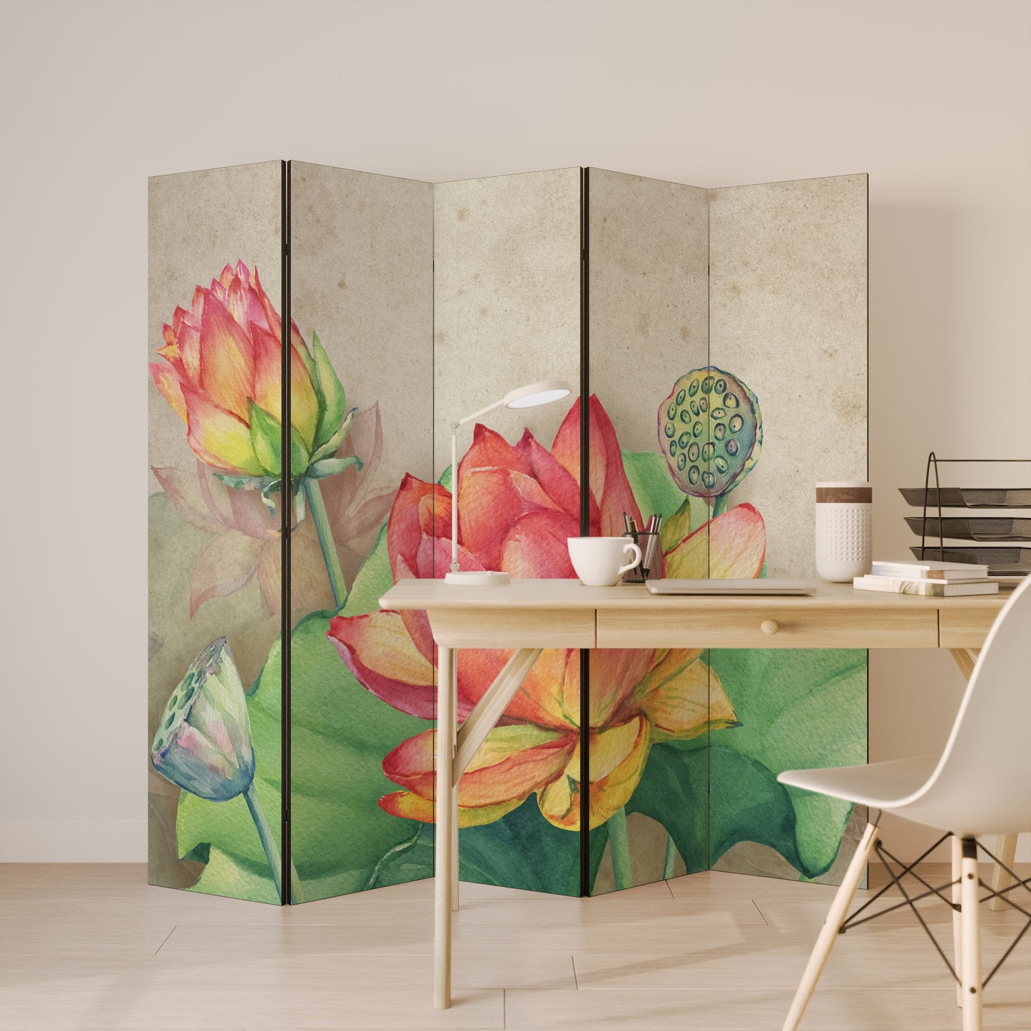VISKANDE LOTUSBLOMSTER Dekorativ rumsavdelare med 5 paneler