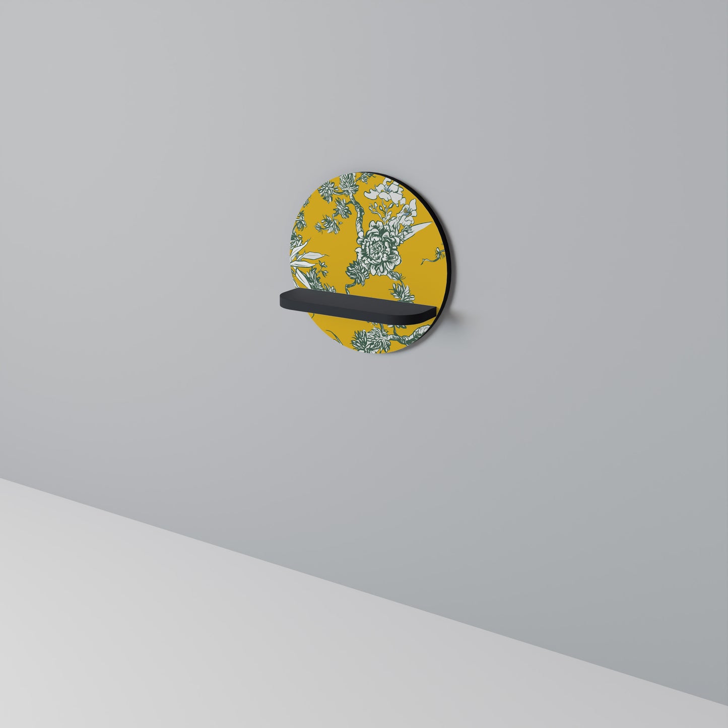 YELLOW CHINOISERIE Round Art Shelf In Black Finish