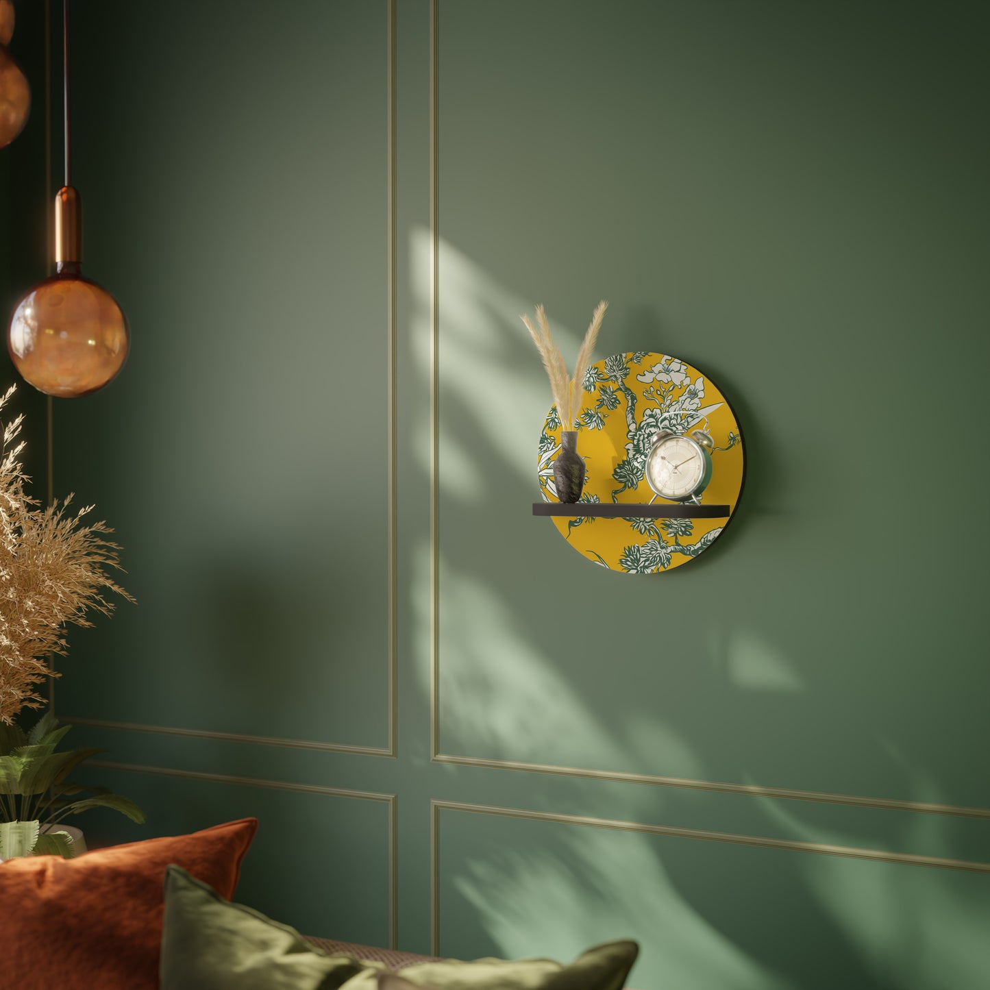 YELLOW CHINOISERIE Round Art Shelf In Black Finish