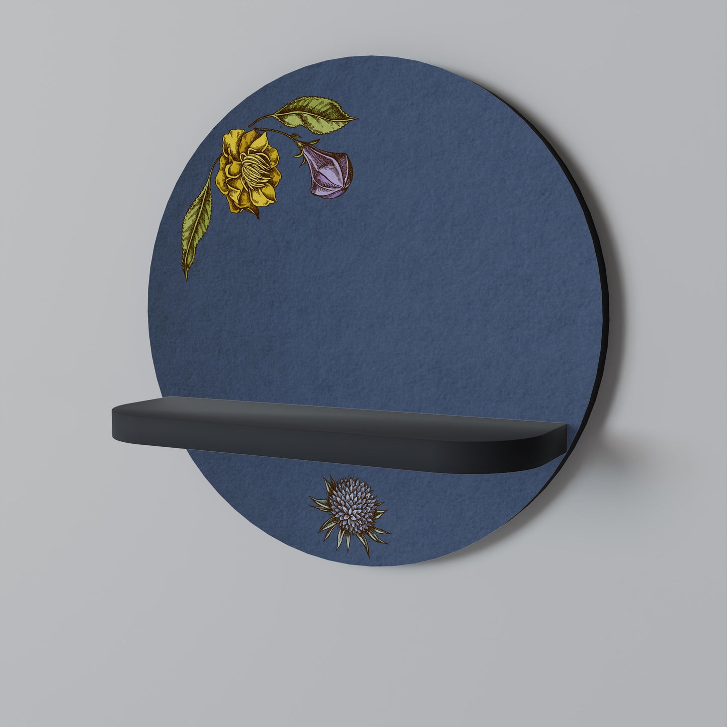 MIDNIGHT FLORA Round Art Shelf In Black Finish