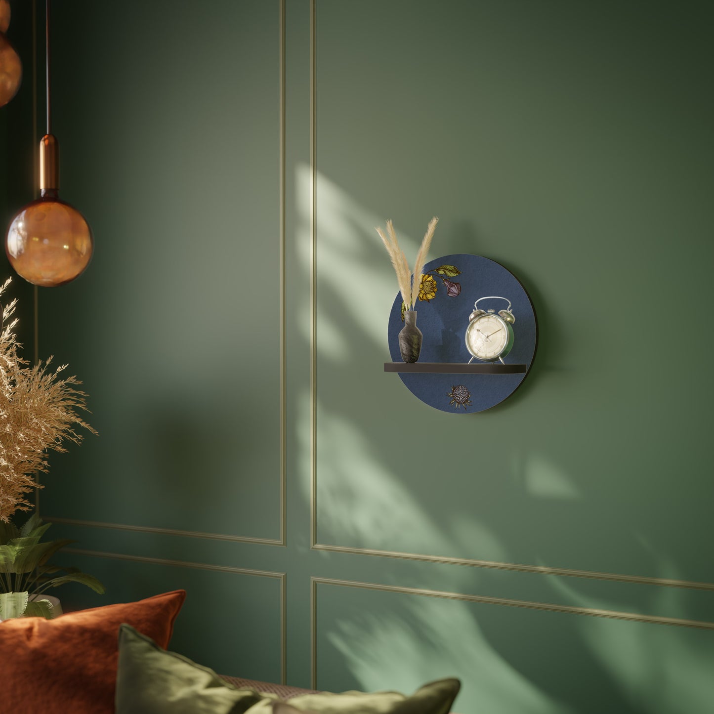 MIDNIGHT FLORA Round Art Shelf In Black Finish