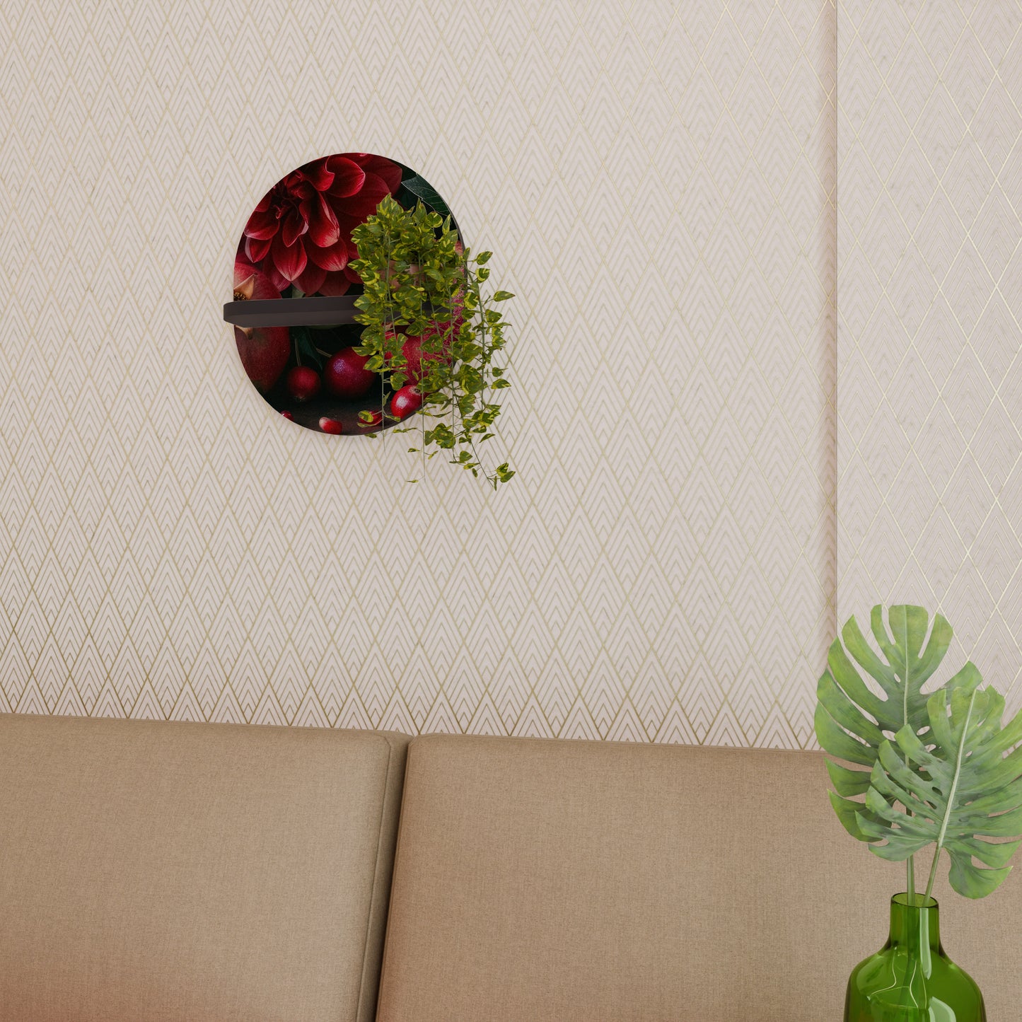 DAHLIAS AND POMEGRANATES Oval Art Shelf In Black Finish