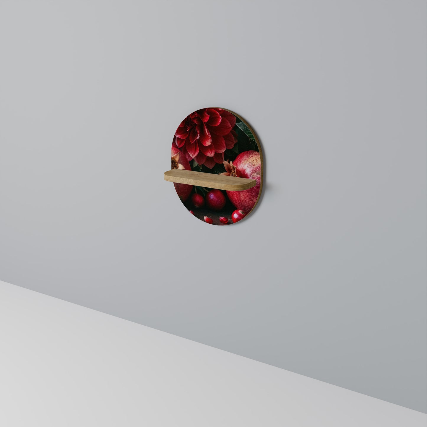 DAHLIAS OCH GRATÄNTEN Oval konsthylla i ekeffekt